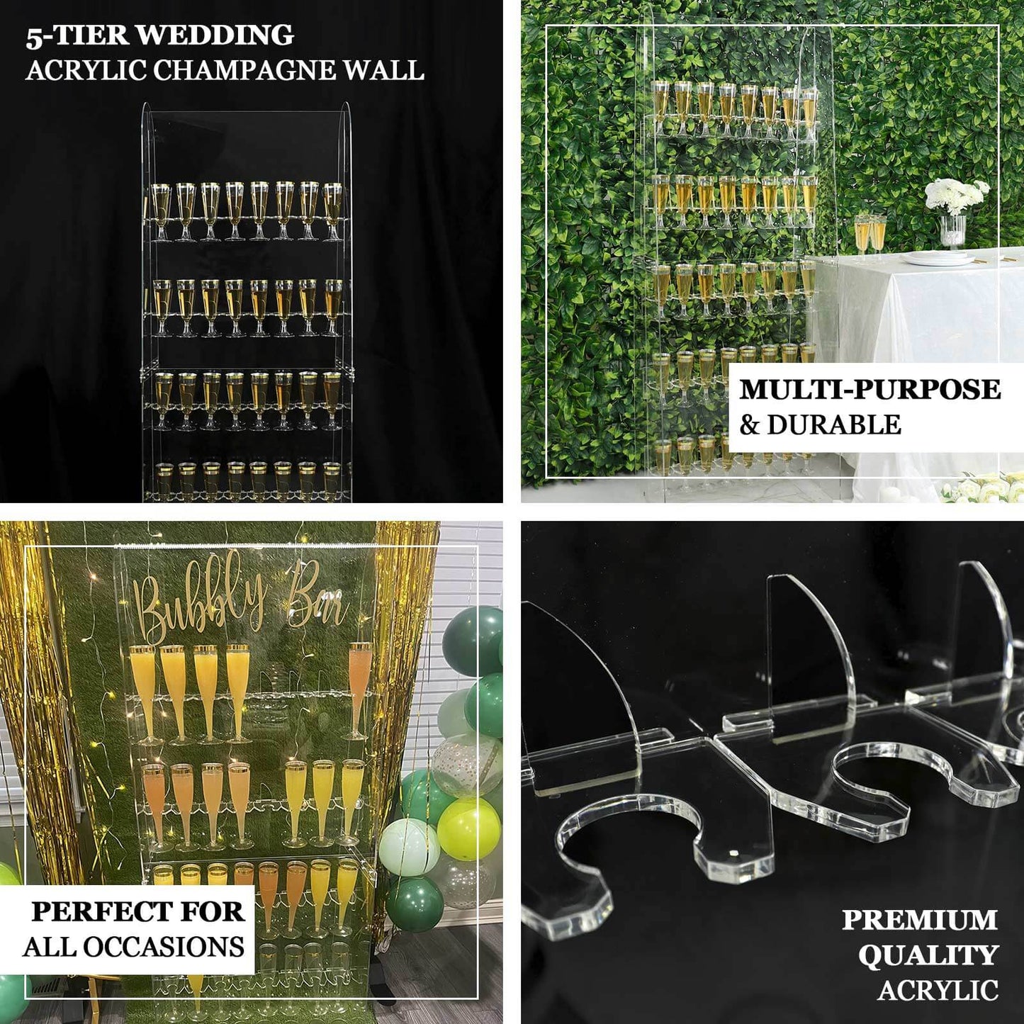 5-Tier Acrylic Champagne Wall Glass Holder Clear, 40 Stemware Rack Cocktail Display Drink Organizer for Classy Events & Banquets 5ft