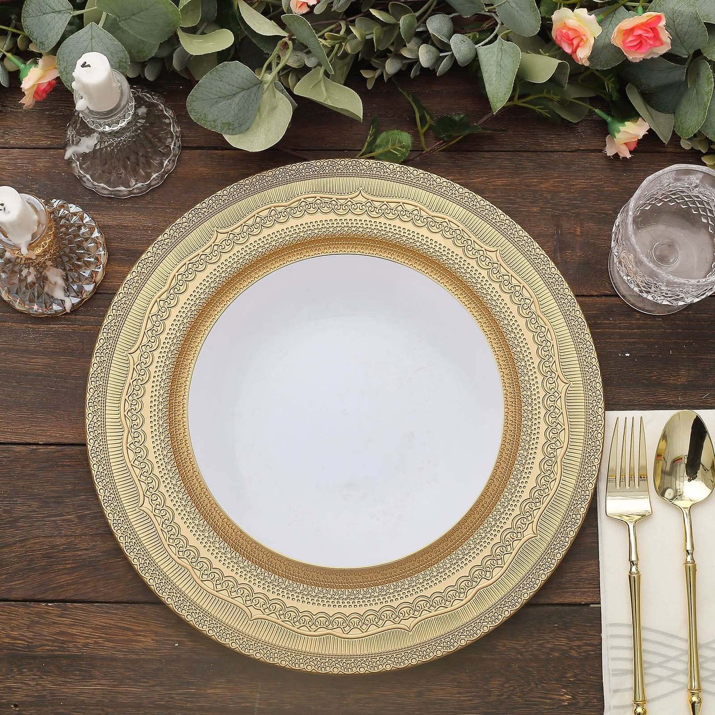 6-Pack Acrylic Round Charger Plates 13" in Gold with Lace Embossed Rim, Rustic Plastic Decorative Charger Tableware