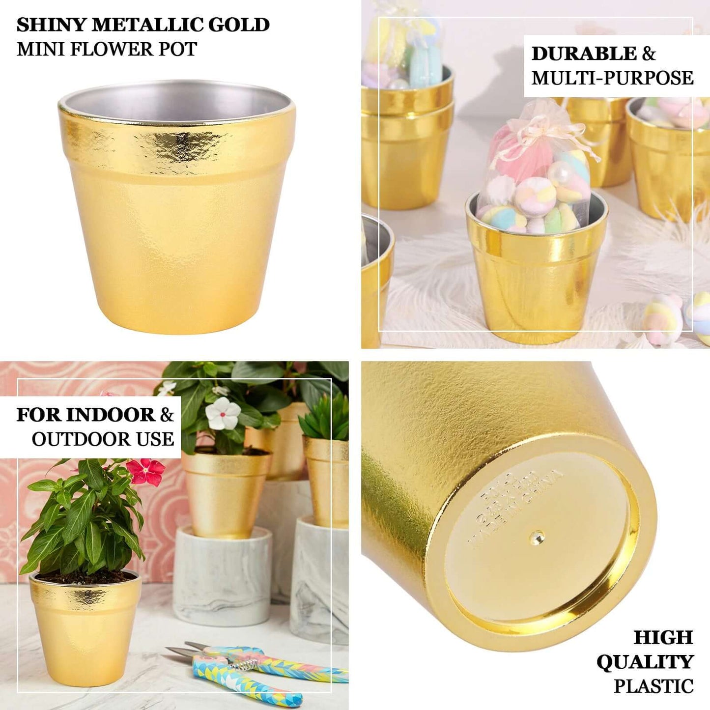 6 Pack 3" Gold Plastic Party Favor Bucket-Containers, Mini Succulent Nursery Planters, Flower Pot Crafts