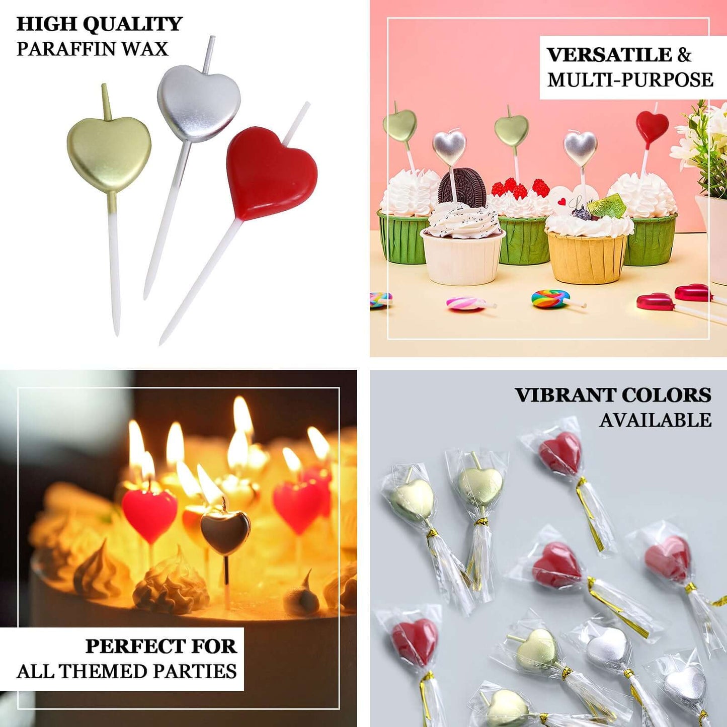 10-Pack Heart Shaped Cupcake Candles Love and Valentine Dessert Toppers - Red, Silver, and Gold