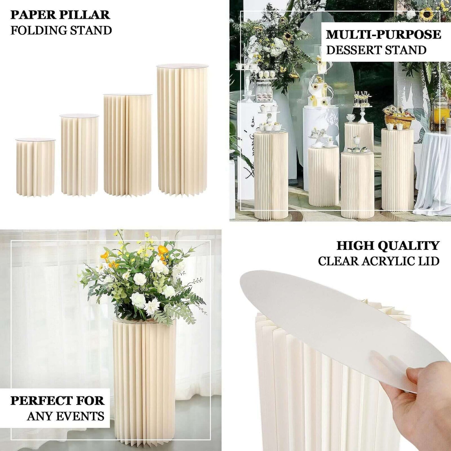 24" Ivory Cylinder Display Column Stand, Pillar Pedestal Stand With Top Plate