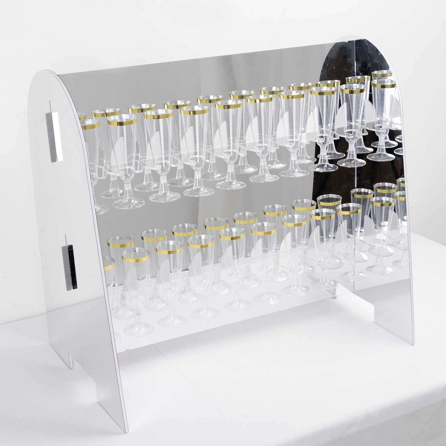 2-Tier Champagne Glass Holder Display Stand Table Top in Silver Mirror Finish - Modern Stemware Rack Cocktail Drink Holder with 18 Hooks for Events & DIY Bars 25"