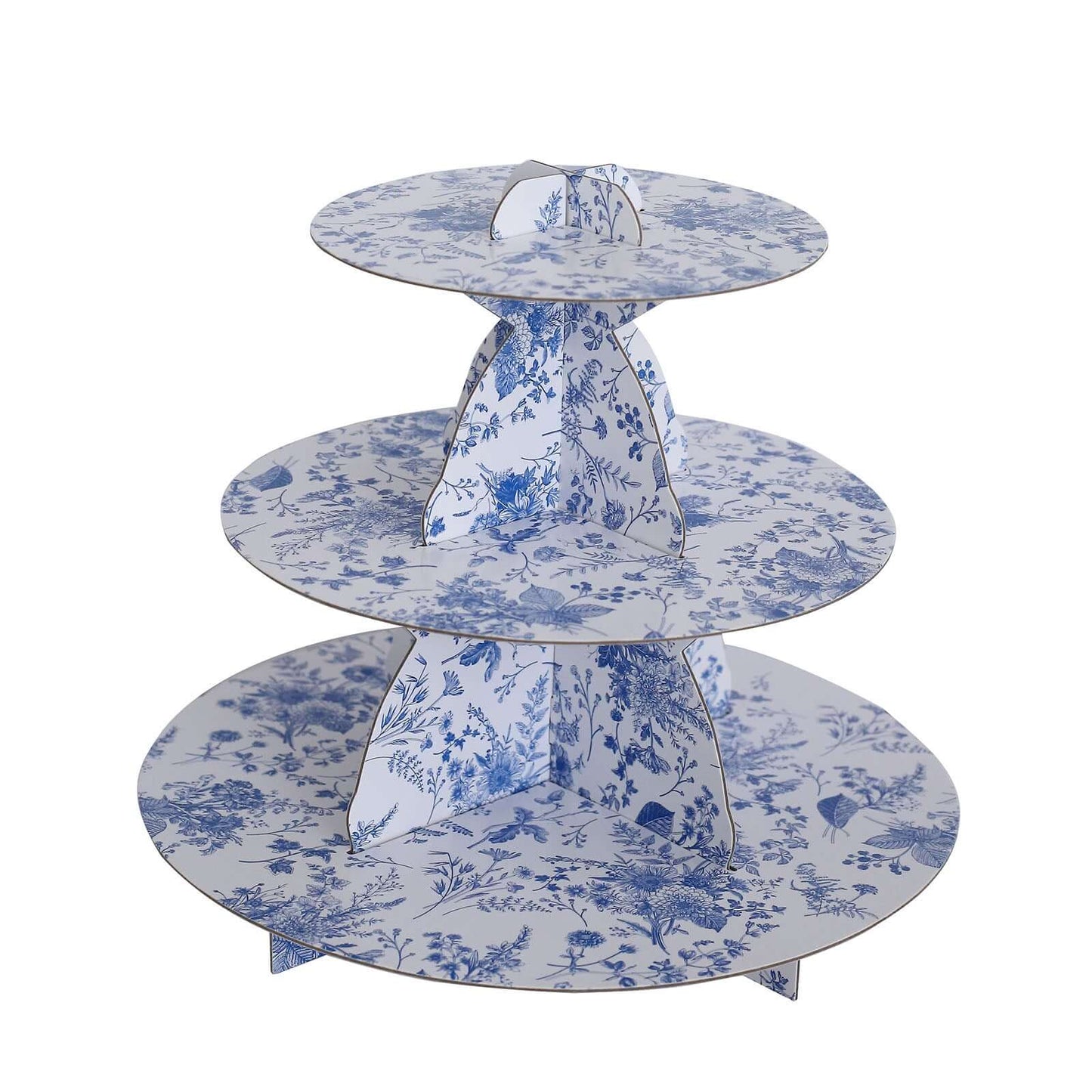 3-Tier Cardboard Cupcake Stand White with Blue French Toile Pattern - Reusable Dessert Display Stand Round Serving Platter for High-Tea Gatherings Weddings & Spring Celebrations 11"
