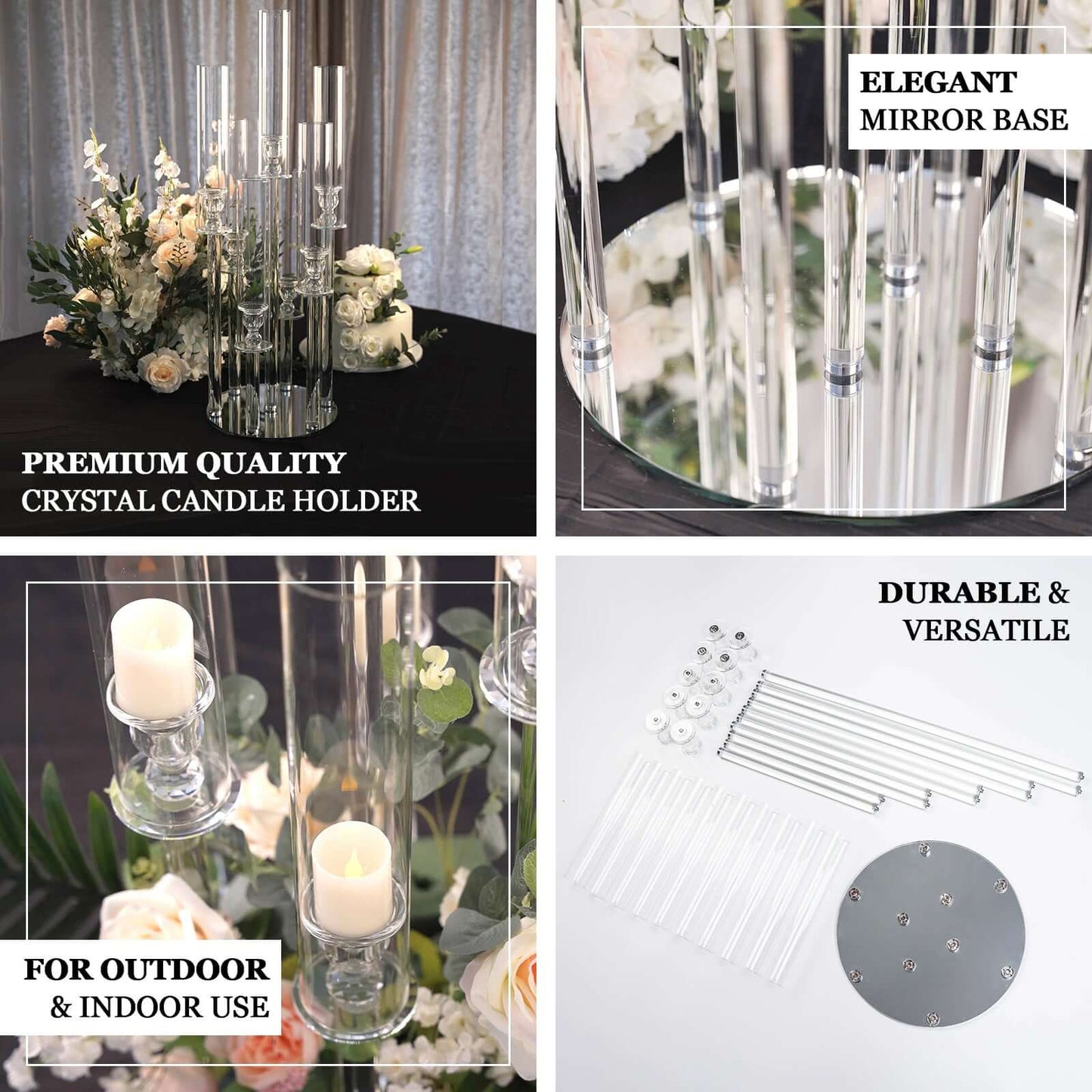 5-Arm Round Cluster Crystal Candelabra Clear with Mirror Base - Radiant Candle Holder Table Centerpiece for Votive & Pillar Candles 51"