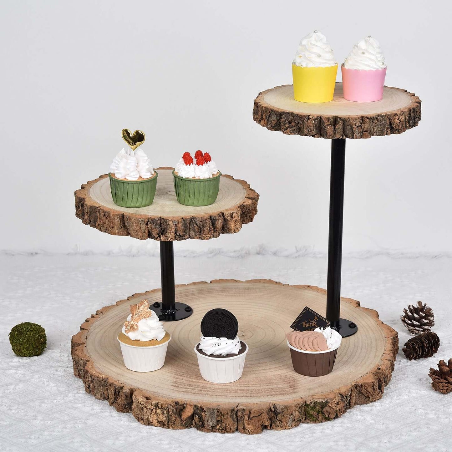 3-Tier Wooden Cheese Board Stand Natural Wood Slice Design - Rustic Cupcake Centerpiece with Assembly Tools 14"