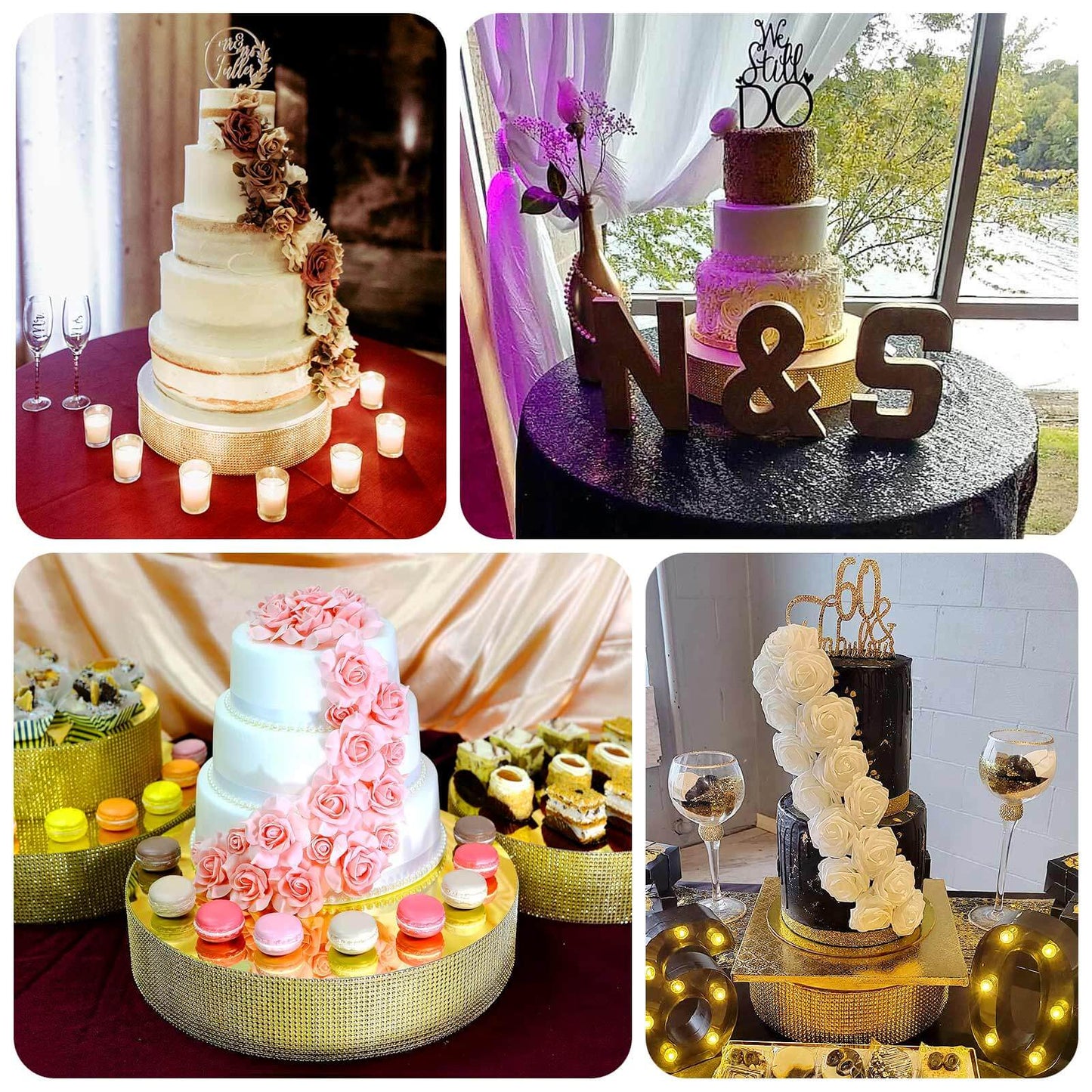 Metal Pedestal Cake Stand Round Design with Rhinestones Gold - Cupcake Holder and Dessert Table Centerpiece 12"