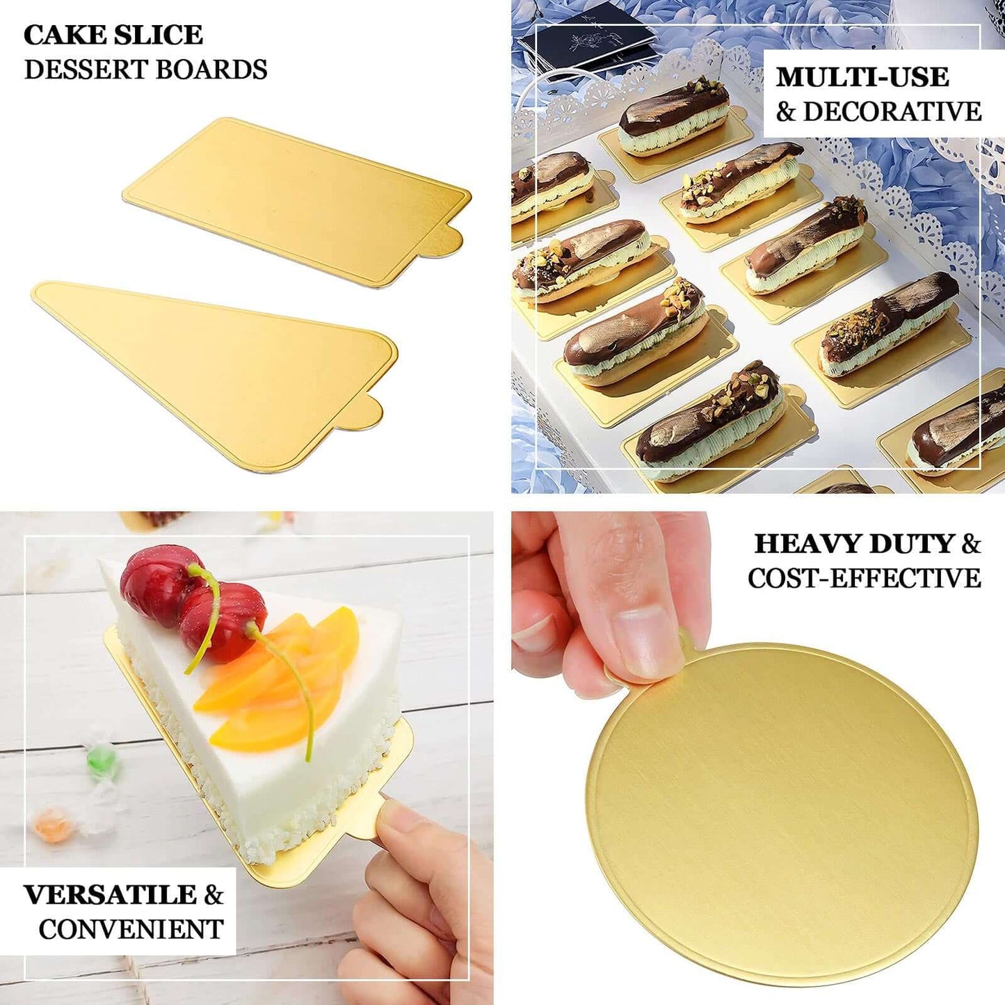 50-Pack Triangle Cake Boards in Gold Cardboard - Grease Proof Mini Paper Trays for Pastries Cupcakes & Dessert Slices 2.8"x 4.5"