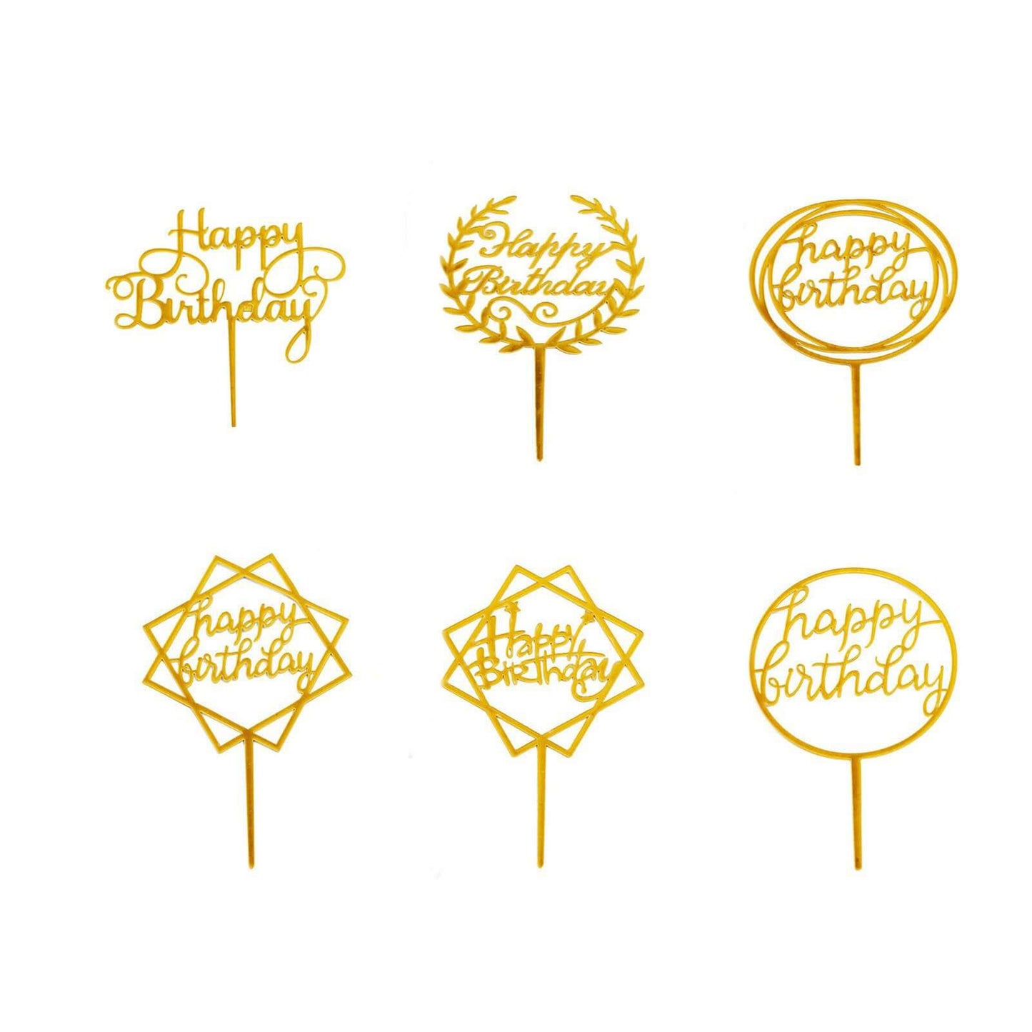 6-Pack Acrylic Happy Birthday Cake Toppers Gold Assorted Styles - Fun Reusable Cake Inserts for DIY Party Decoration Supplies