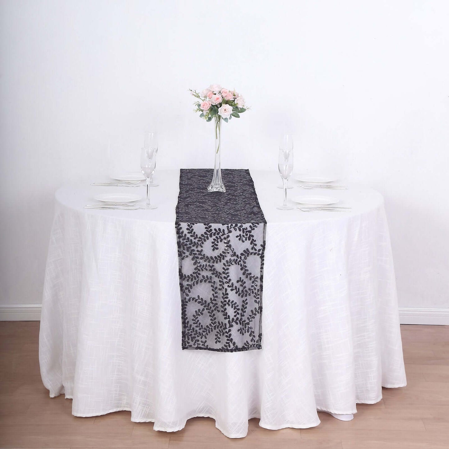 Mesh 12"x108" Table Runner Black - Leaf Vine Embroidery