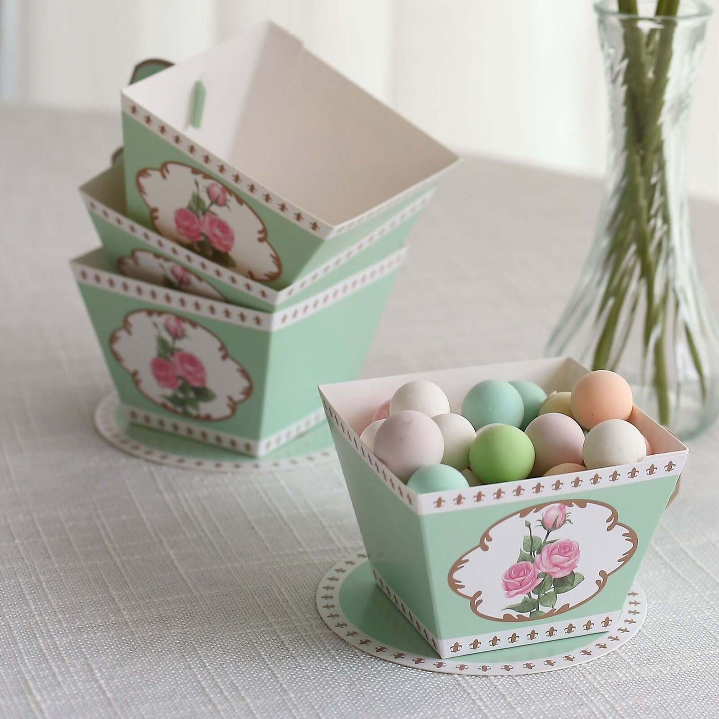 25 Pack Turquoise Mini Teacup and Saucer Party Favor Boxes with Rose Floral Print, Tea Time Candy Boxes - 4"x3"