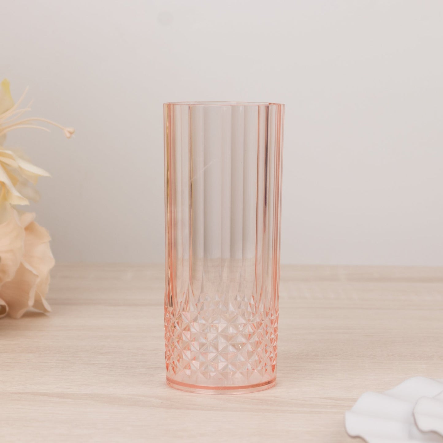 6-Pack Plastic Cocktail Tumblers Transparent Blush Crystal Cut Style - Shatterproof Highball Glasses 14oz