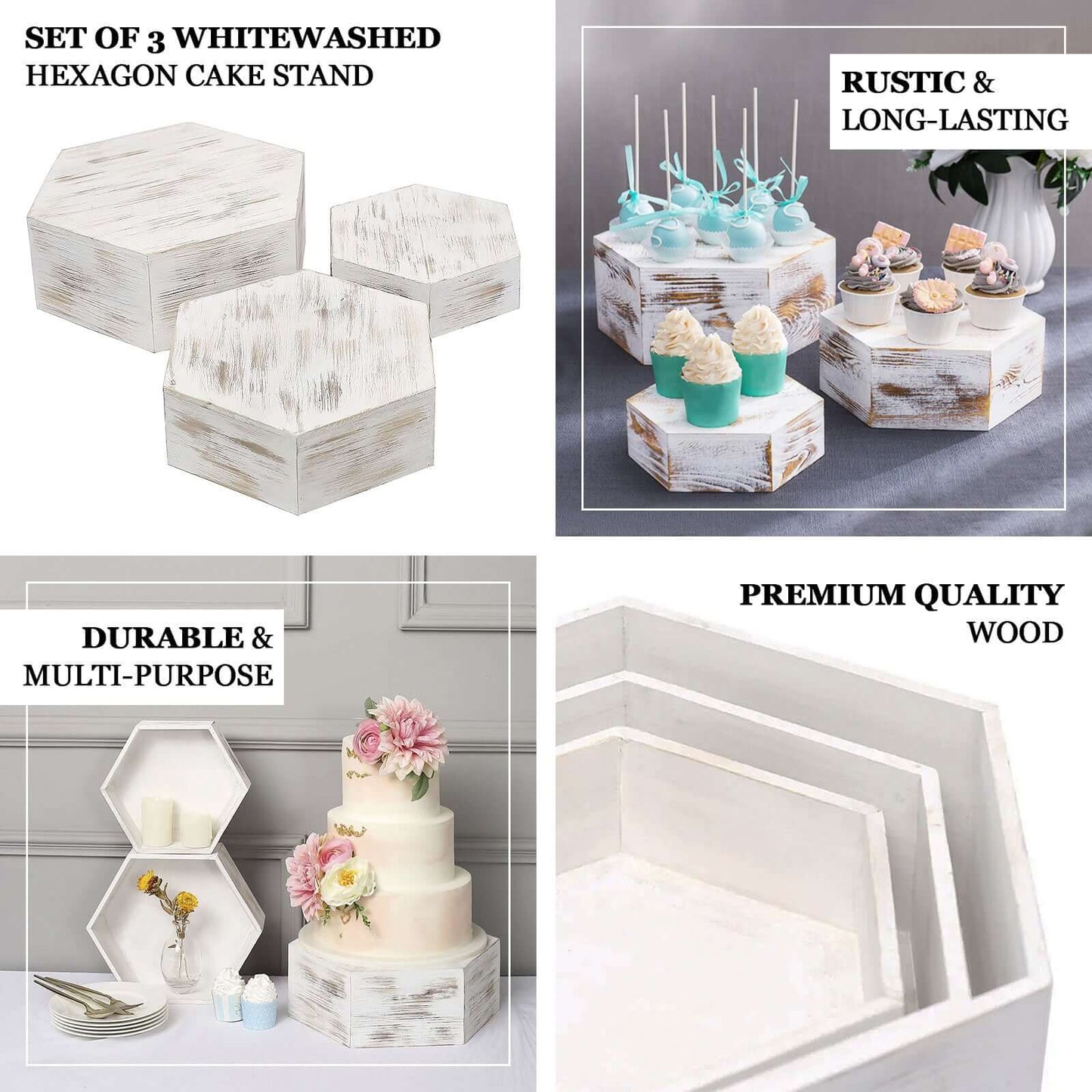 Set of 3 Wooden Dessert Display Boxes Whitewashed Hexagonal Design - Stackable Riser Cake Stand 9", 11", 13"