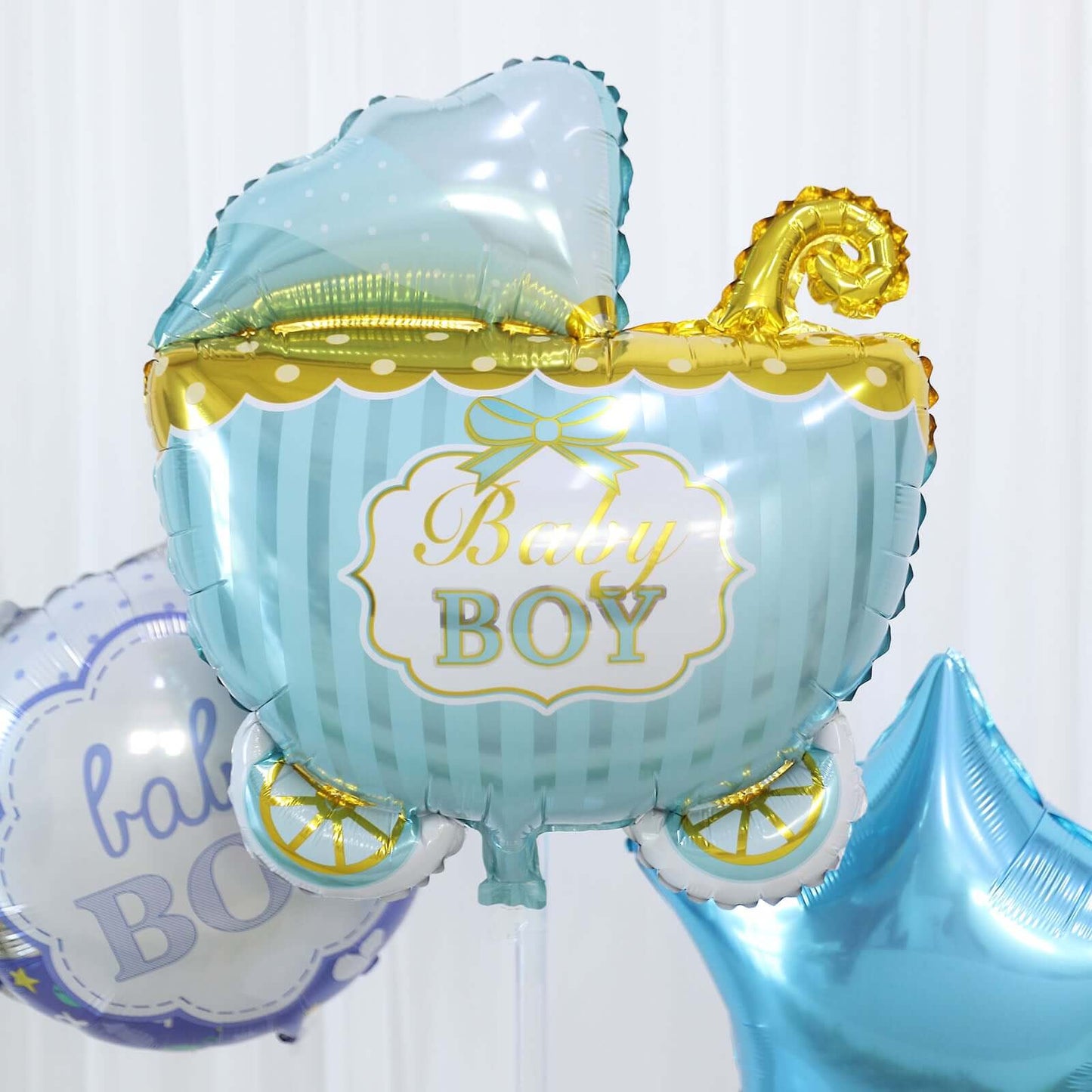 Set of 5 Blue White Boy Baby Shower Mylar Foil Balloon Set, Star, Round and Baby Carriage Balloon Bouquet With Ribbon, Gender Reveal Party Decorations