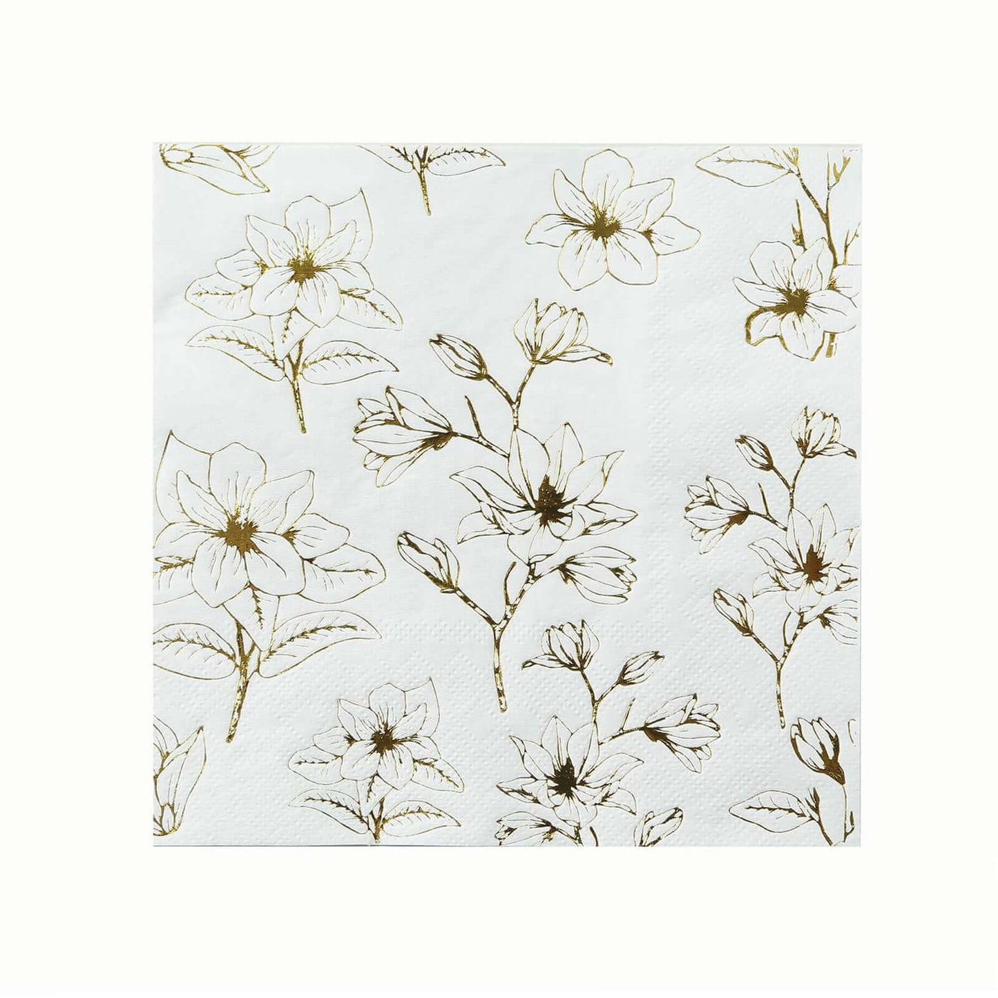 50-Pack Paper Cocktail Napkins with Gold Magnolia Flowers Print White - Highly 2 Ply Absorbent Soft Napkins for Beverages
