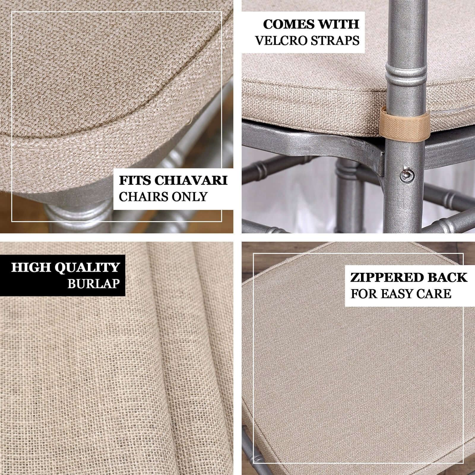 Natural Burlap Chair Cushion with Soft 2" Thick Pad and Ties - Rustic Removable Cover for Chiavari Chairs - Linen Luxes