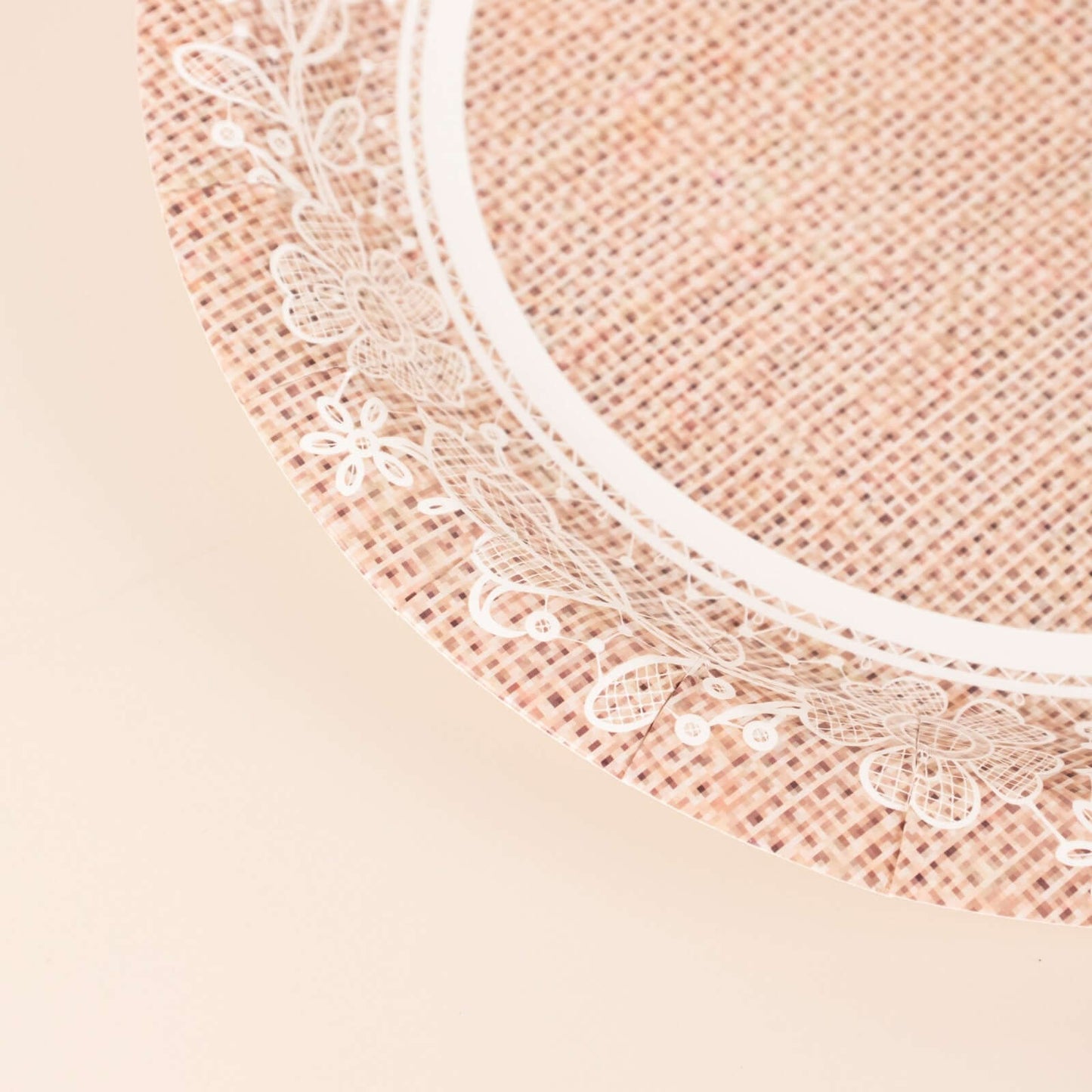 25-Pack Paper 9" Round Dinner Plates in Natural Burlap Print with White Floral Lace Rim - Rustic Farmhouse Inspired Disposable Party Plates