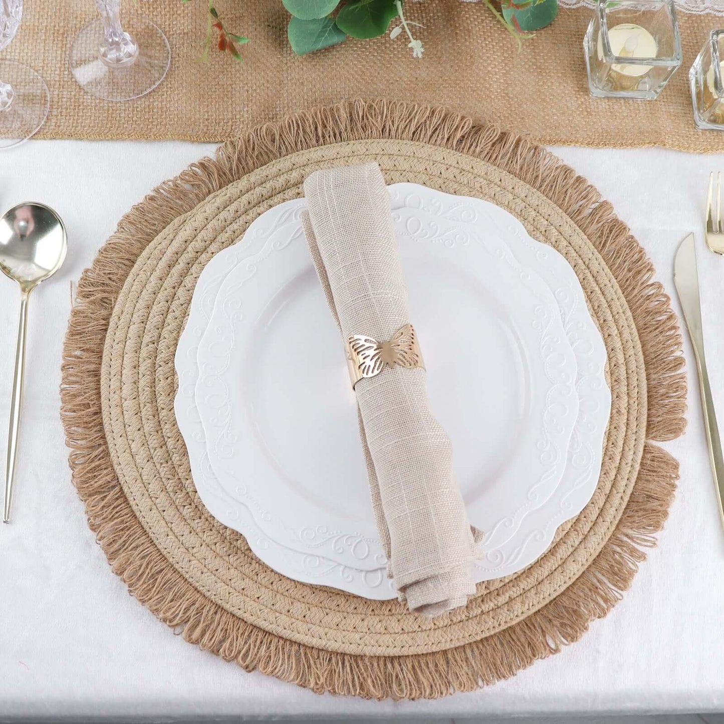 4-Pack Placemats Fringed Edge Design Natural Rustic Burlap Jute Round - Farmhouse Style Table Mats with Trim 15"