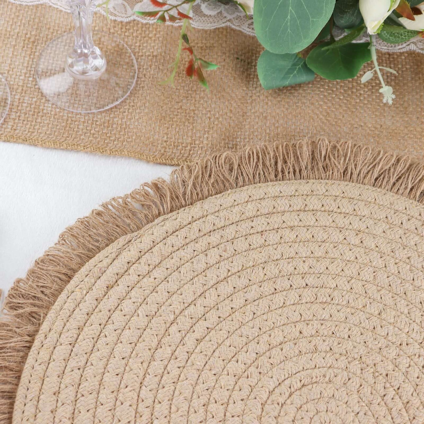 4-Pack Placemats Fringed Edge Design Natural Rustic Burlap Jute Round - Farmhouse Style Table Mats with Trim 15"