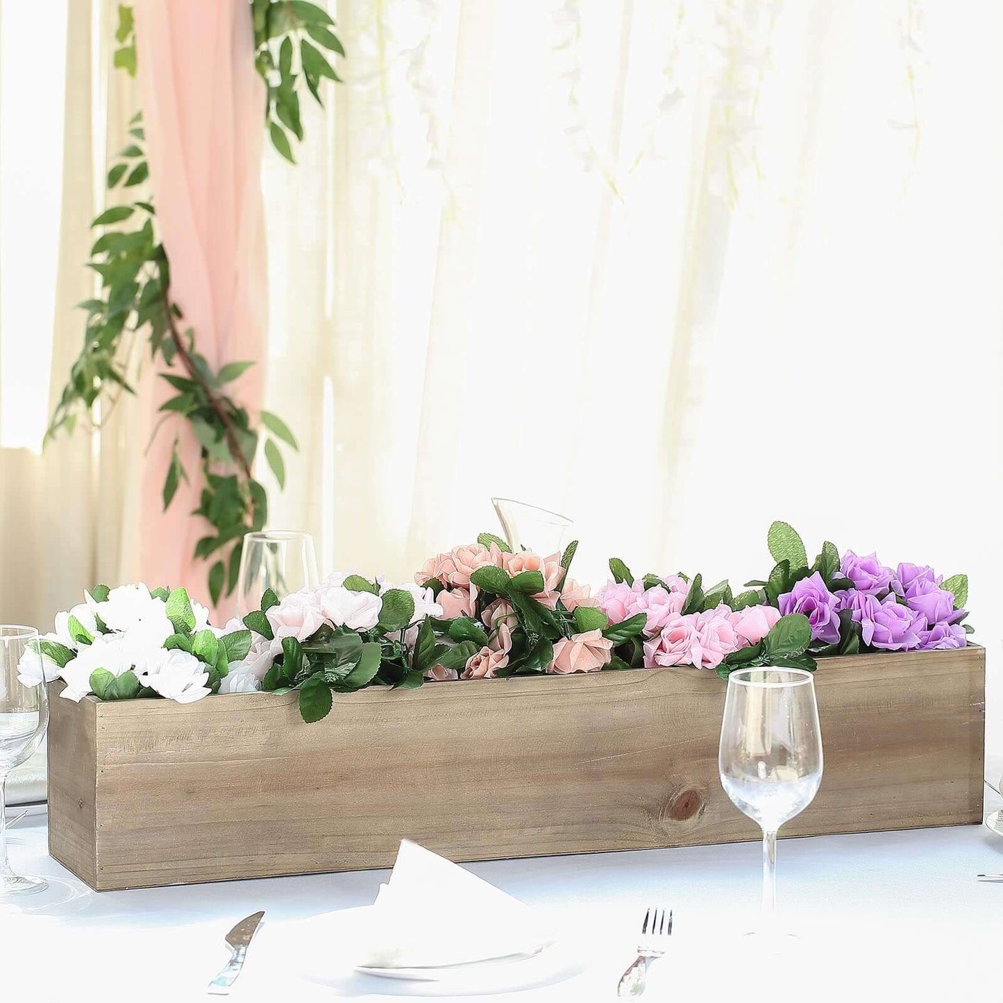 Natural Wood Planter Rectangular Box 30"x6" - Durable Decor with Removable Plastic Liner for Tables - Linen Luxes