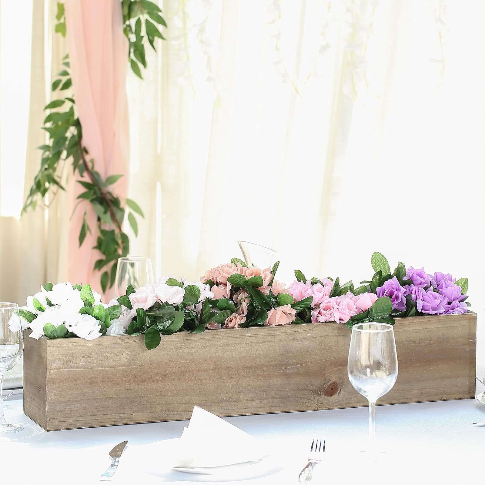 Natural Wood Planter Rectangular Box 30"x6" - Durable Decor with Removable Plastic Liner for Tables - Linen Luxes
