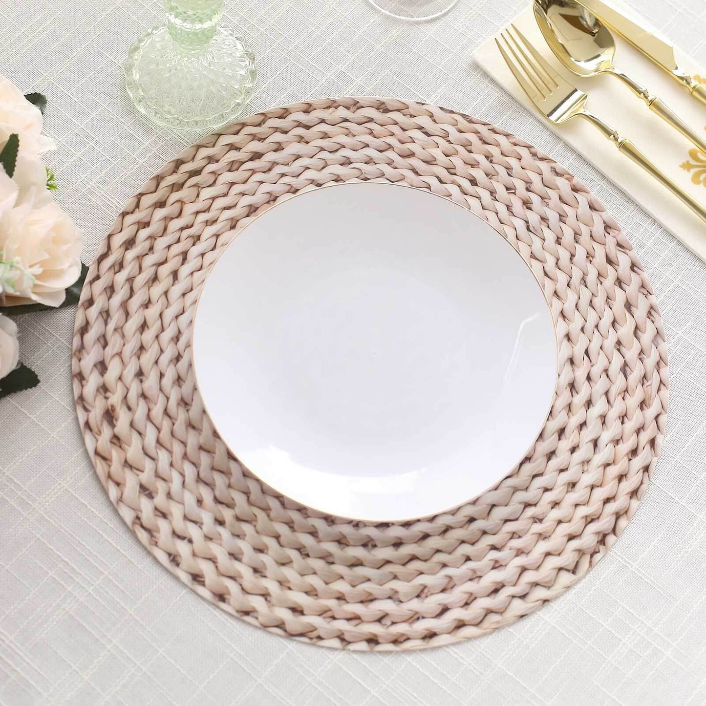 6-Pack Disposable Table Placemats in Wheat with Woven Rattan Print - 700GSM Cardboard Placemats for Rustic Themes & Outdoor Events 13"