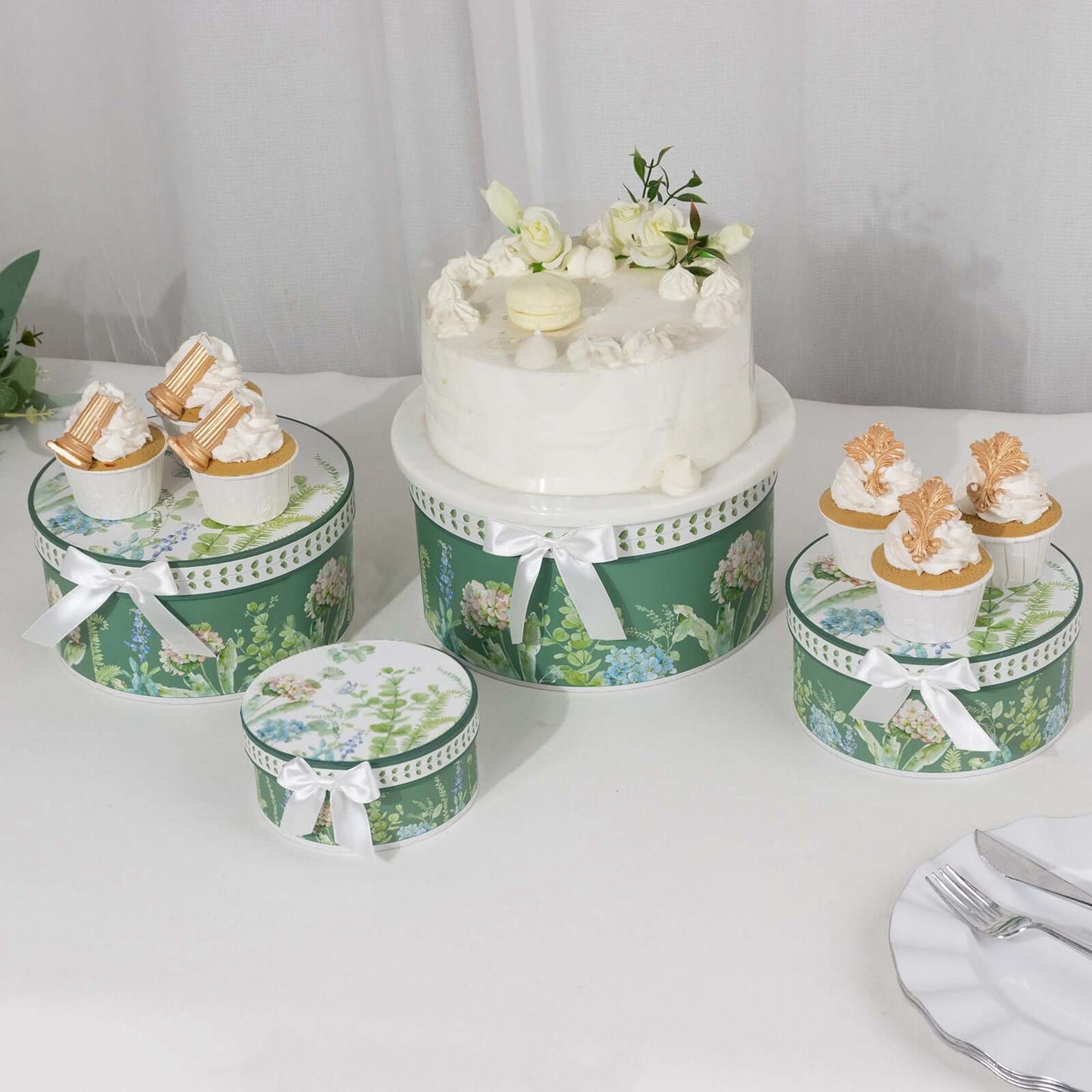 Set of 4 Cardstock Round Nesting Gift Boxes Greenery Theme Design - Decorative Heavy Duty Stackable Keepsake Boxes With Lids for Presents Storage & Pedestal Stand 5",7",8",9"