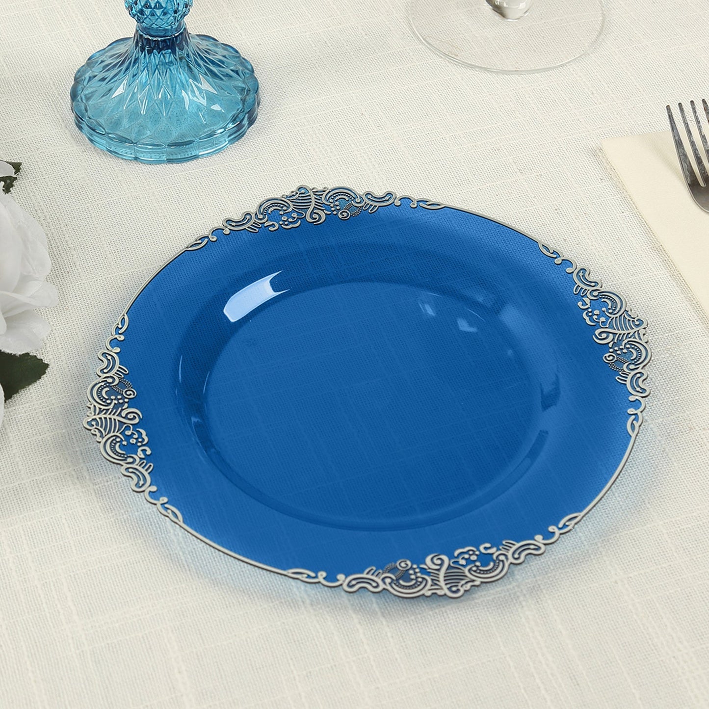10-Pack Plastic 8" Round Dessert Plates in Transparent Navy Blue with Silver Leaf Embossed Rim - Disposable Vintage Baroque Style Salad Plates