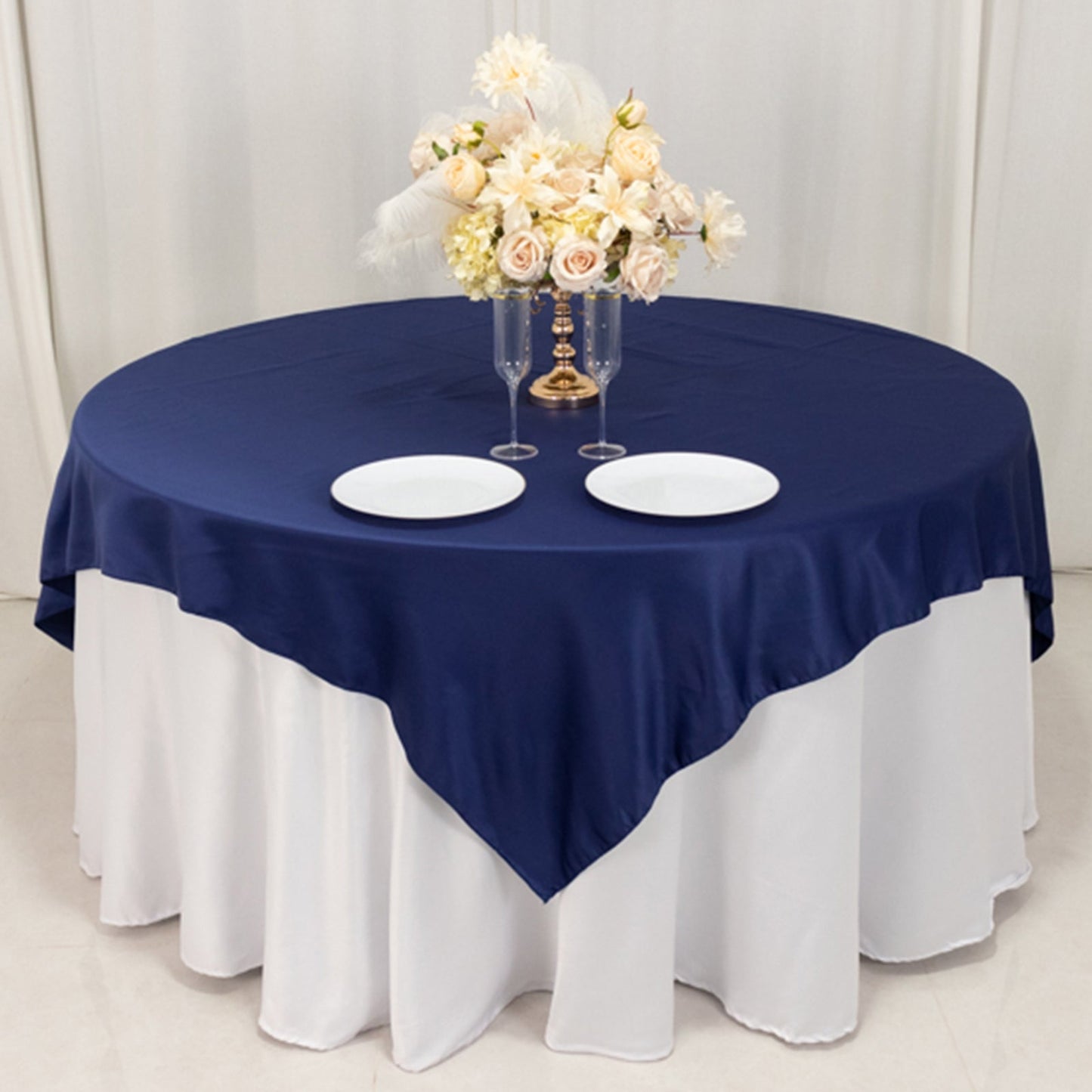 Lamour Satin 72"x72" Table Overlay Square Tablecloth Navy Blue - Smooth Finish Table Topper