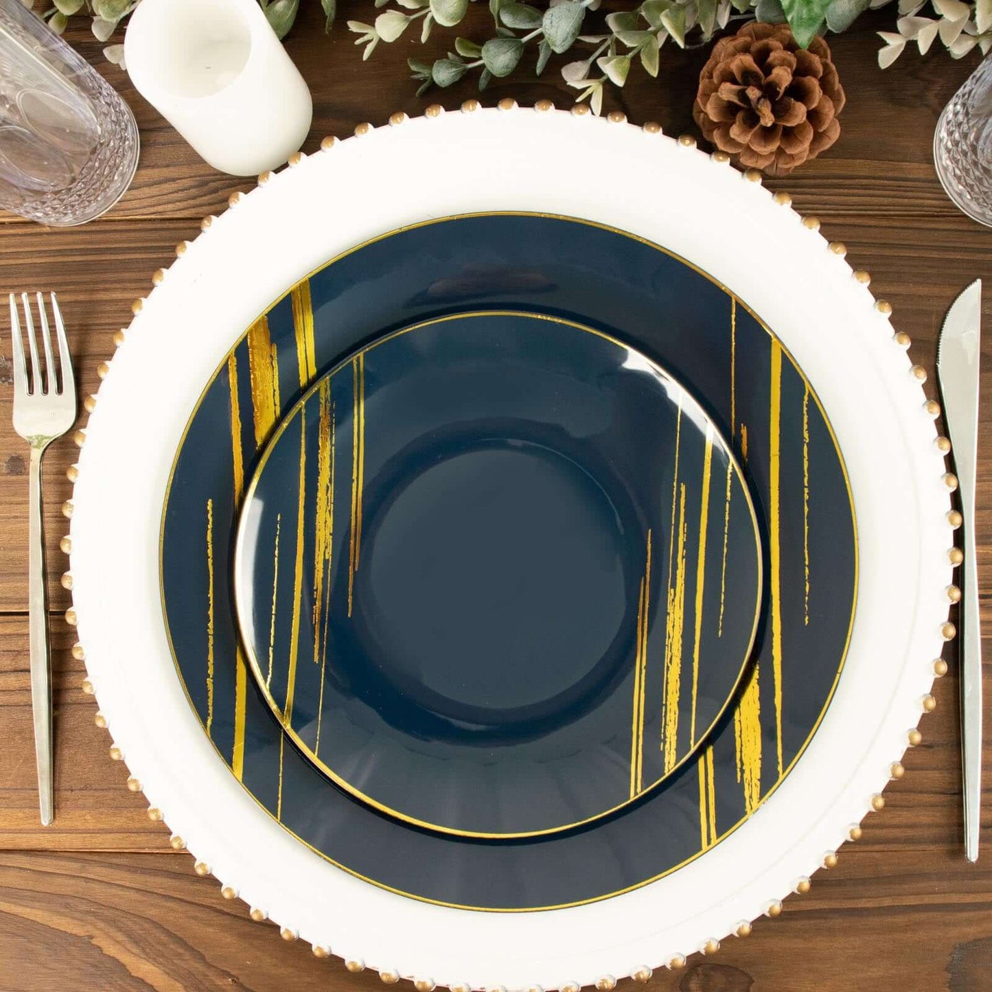 10-Pack Plastic 7" Round Dessert Plates in Navy Blue with Gold Brush Stroked Print - Disposable Appetizer Salad Plates
