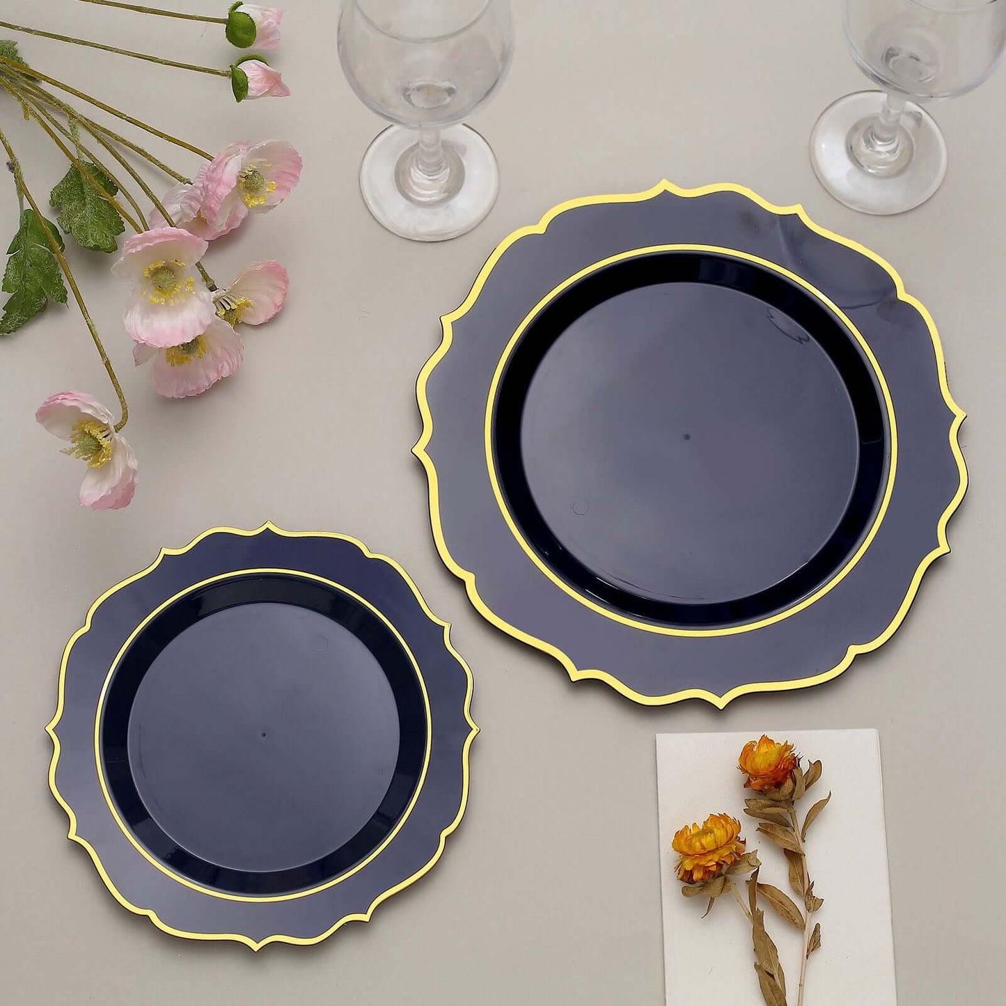 10-Pack Plastic 8" Round Dessert Plates in Navy Blue with Gold Scalloped Rim - Disposable Appetizer/Salad Plates