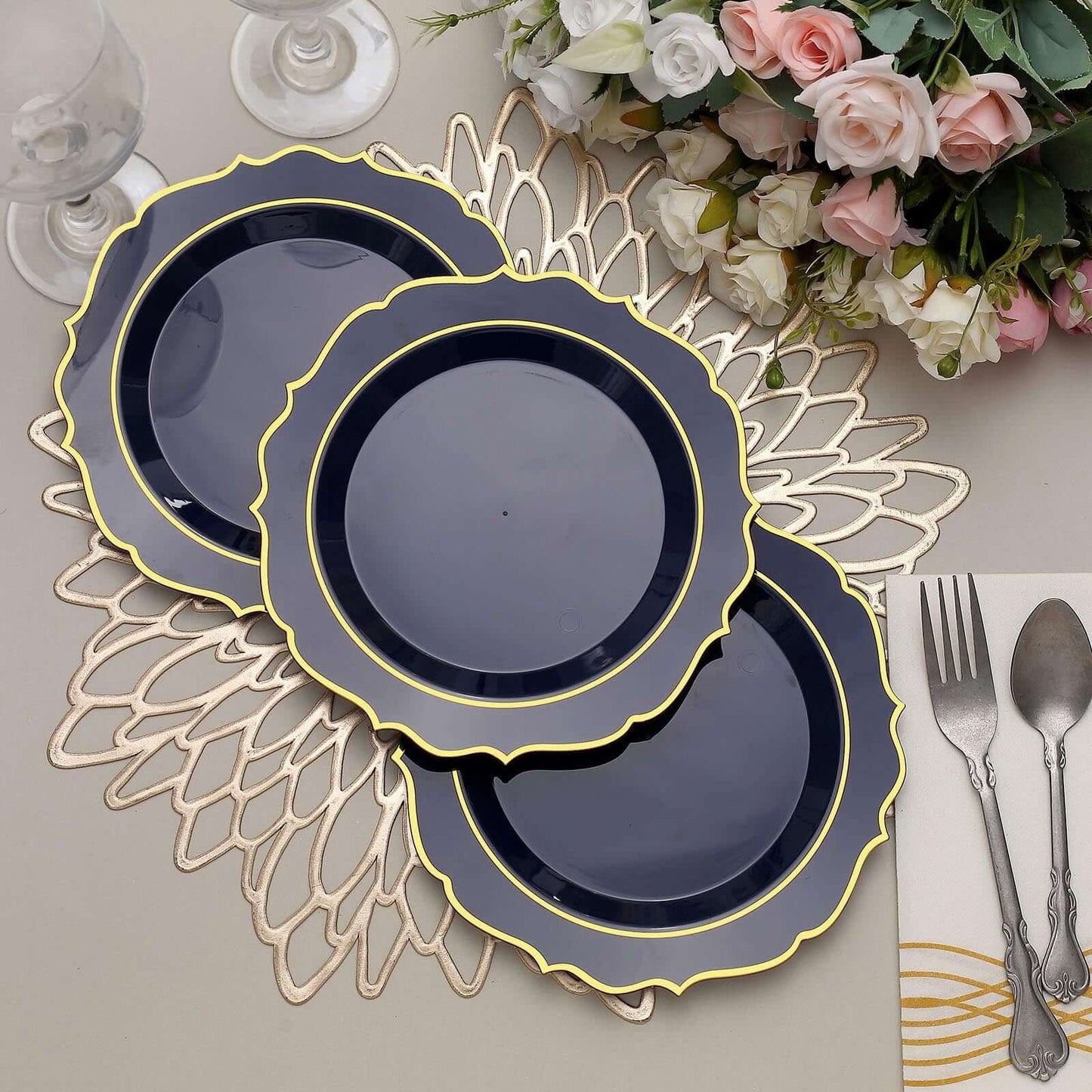 10-Pack Plastic 8" Round Dessert Plates in Navy Blue with Gold Scalloped Rim - Disposable Appetizer/Salad Plates