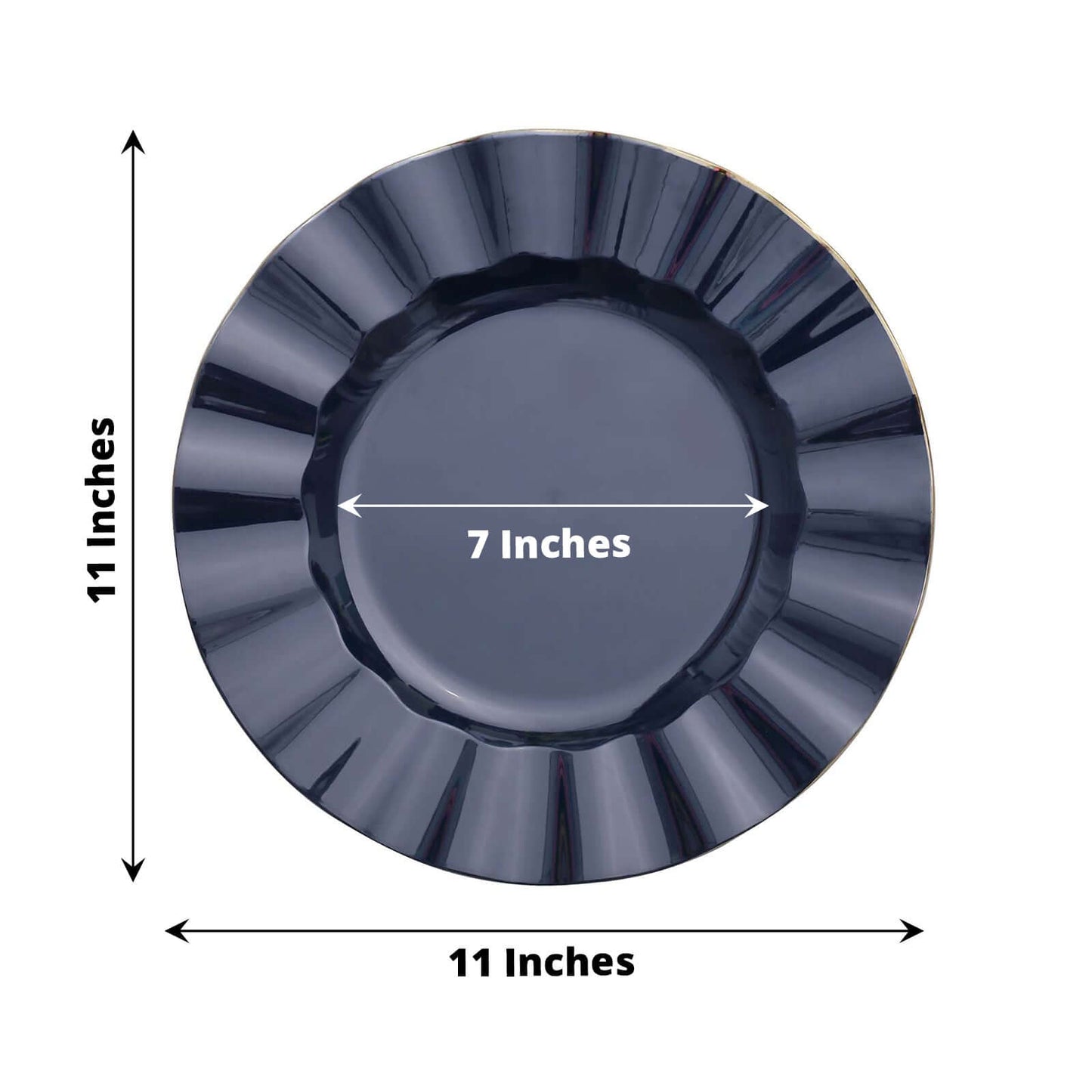 10-Pack Plastic 11" Round Dinner Plates in Navy Blue Ruffled Rim with Gold Edging - Sturdy Disposable Dinnerware