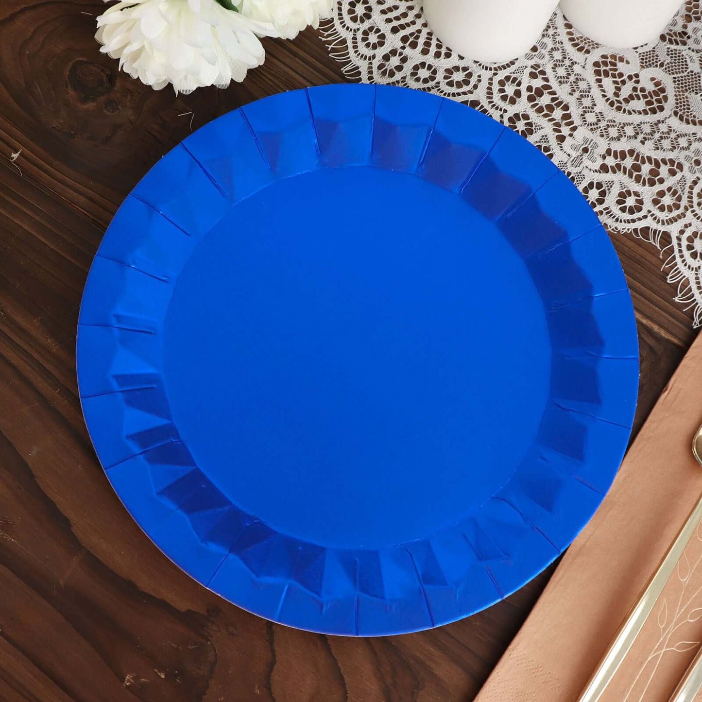 25-Pack Paper 9" Round Dinner Plates in Royal Blue with Geometric Prism Rim - Disposable 400GSM Party Plates
