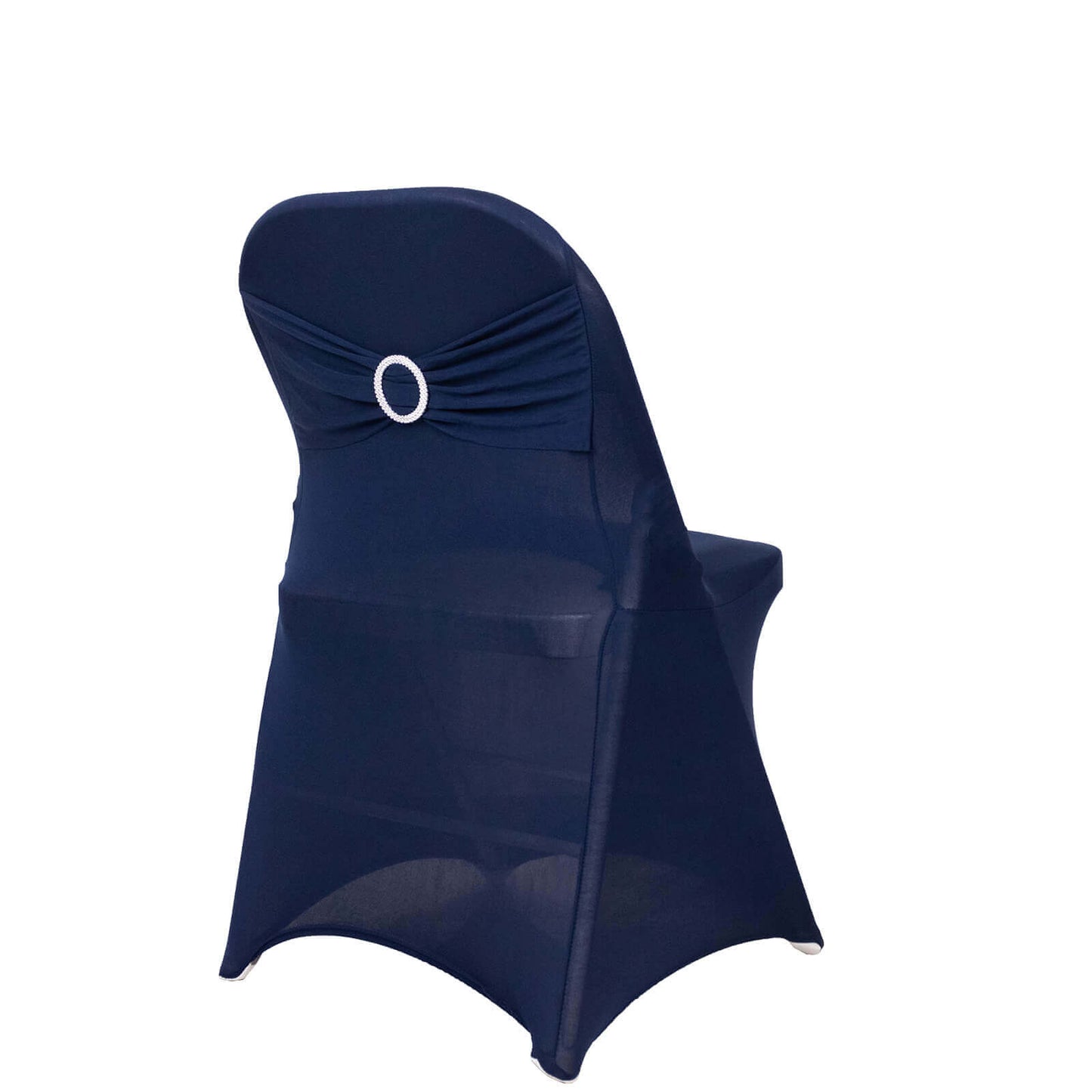 Stretch Spandex Chair Cover Navy Blue for Folding Chairs - Secure Fit Slipcover with Silver Rhinestone Buckled Sash Band