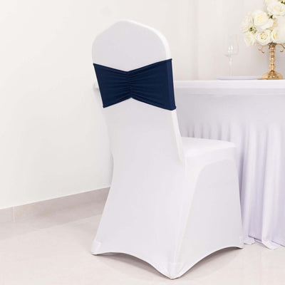 5 Pack Spandex Chair Sashes Navy Blue Ruffled Style - Wide Easy to Use Stretch Chair Bands 8"x13"