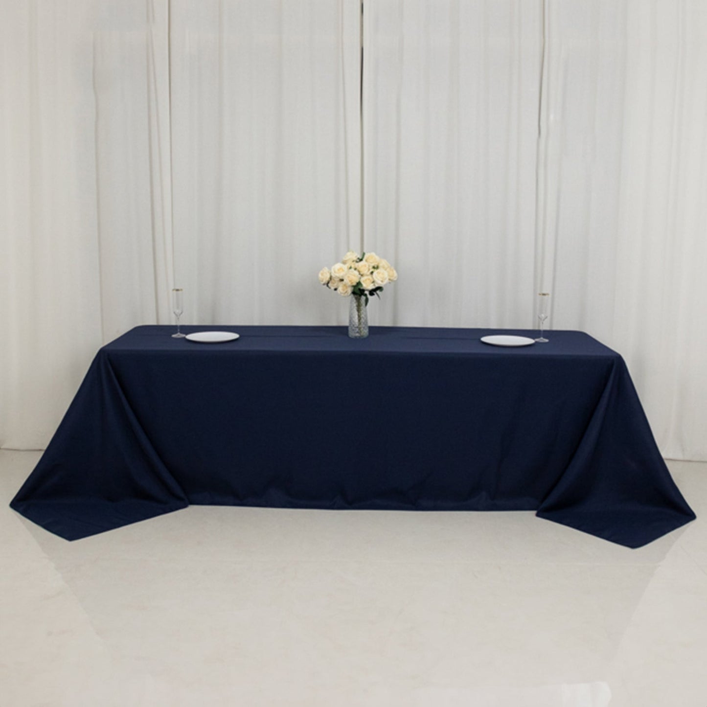 Fire Retardant Premium Polyester 90"x156" Rectangular Tablecloth Navy Blue - High-Performance Seamless Table Cover