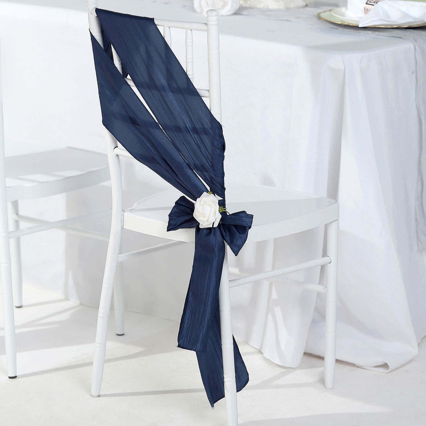 5 Pack Taffeta 6"x106" Chair Sashes Navy Blue Accordion Crinkle Texture - Stylish Decor for Weddings & Gatherings
