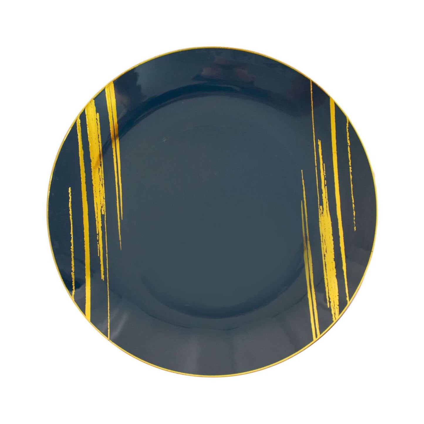 10-Pack Plastic 10" Round Dinner Plates in Navy Blue with Gold Brush Stroked Print - Disposable Party Dinnerware