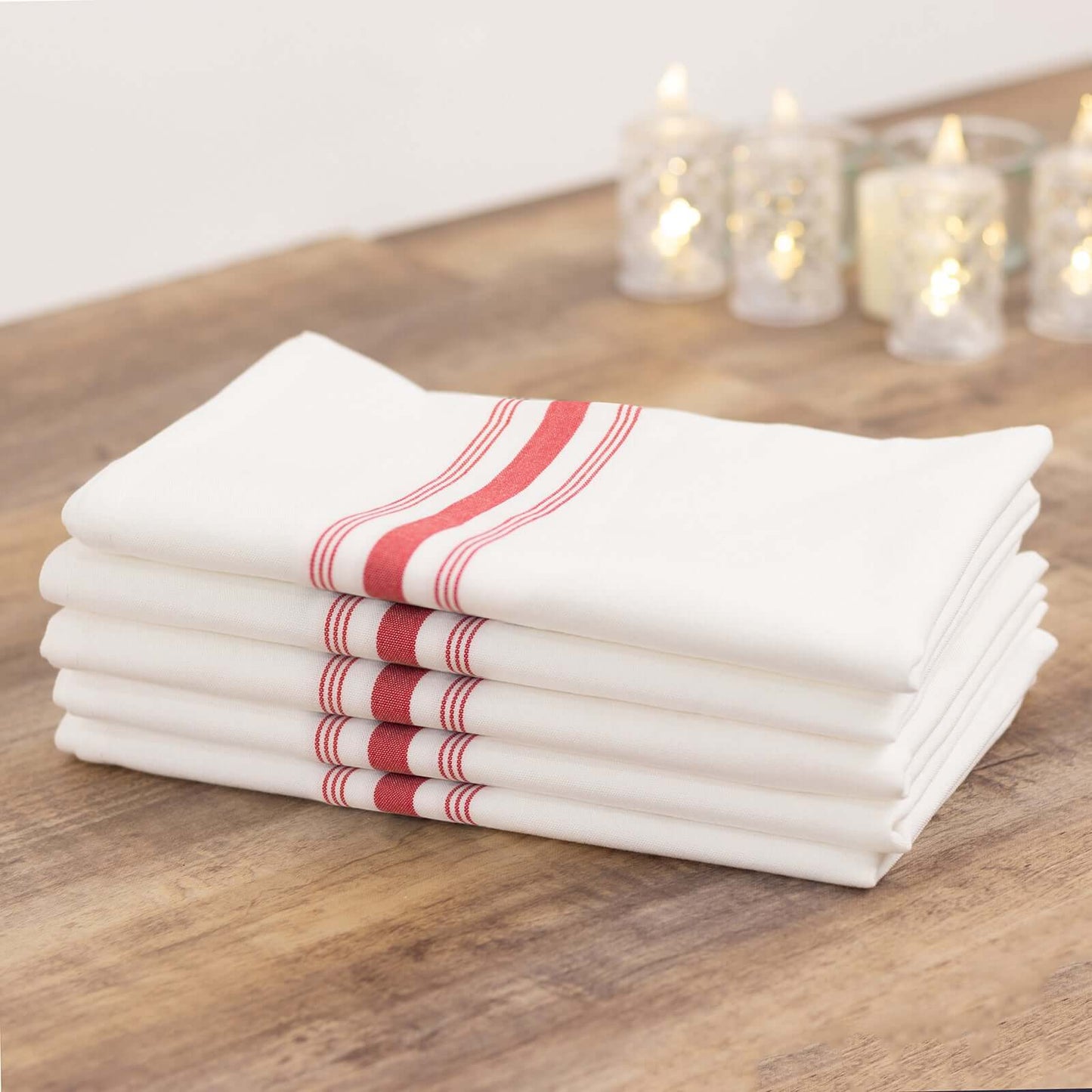 10 Pack Premium Spun Polyester 18"x22" Napkins White/Red Bistro Style - Highly Absorbent Cotton-Like Feel Cloth Napkins
