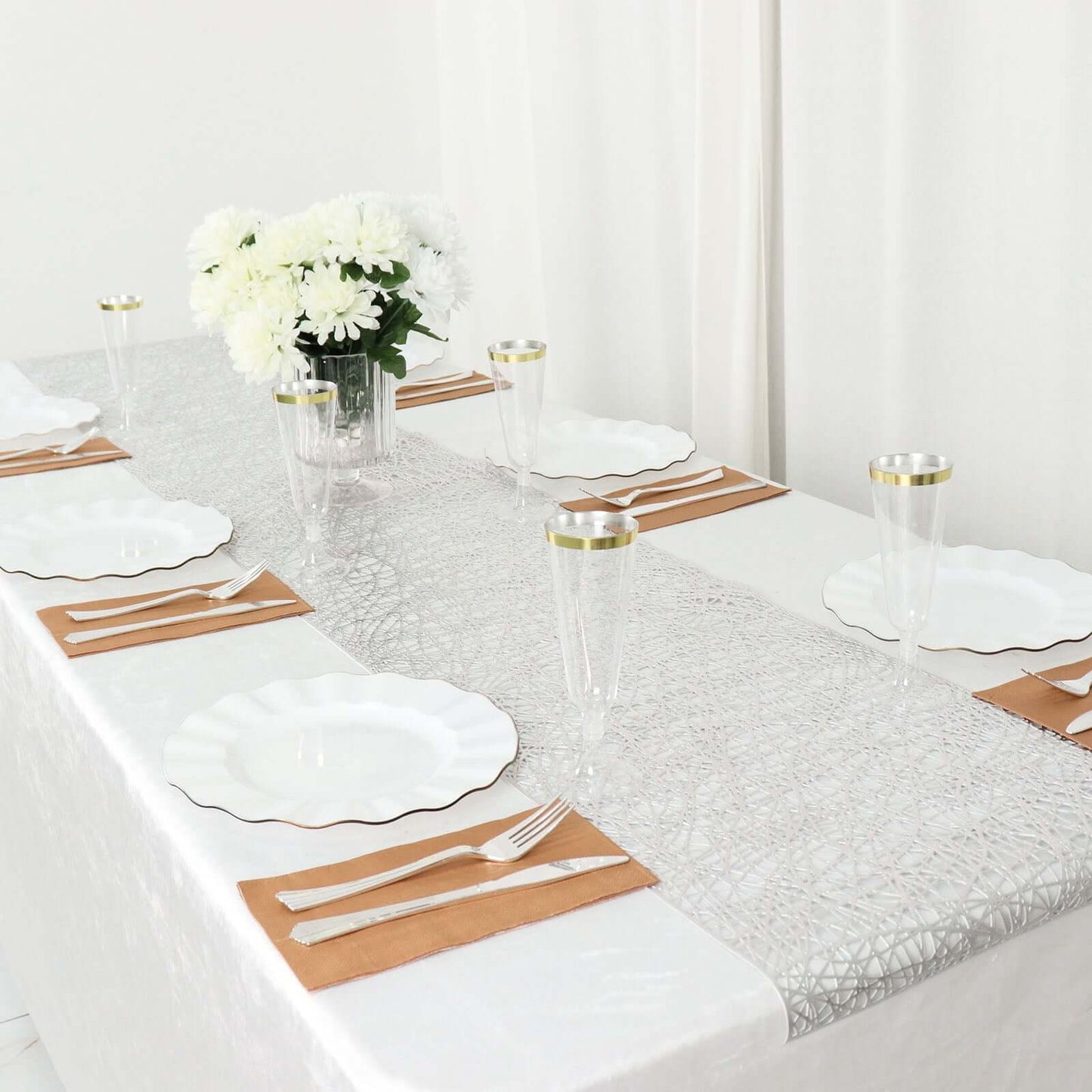 Plastic Woven Vinyl 13"x6ft Table Runner Metallic Silver - Non-Slip & Reversible Tabletop Decor