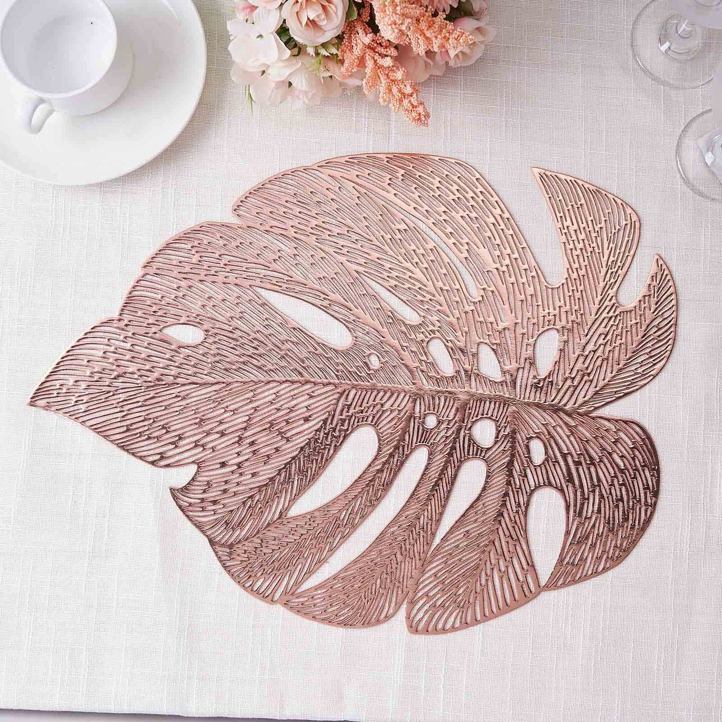 6-Pack Dining Table Mats Monstera Leaf Design Rose Gold - Vinyl Non-Slip Surface for Tropical Themes 18"