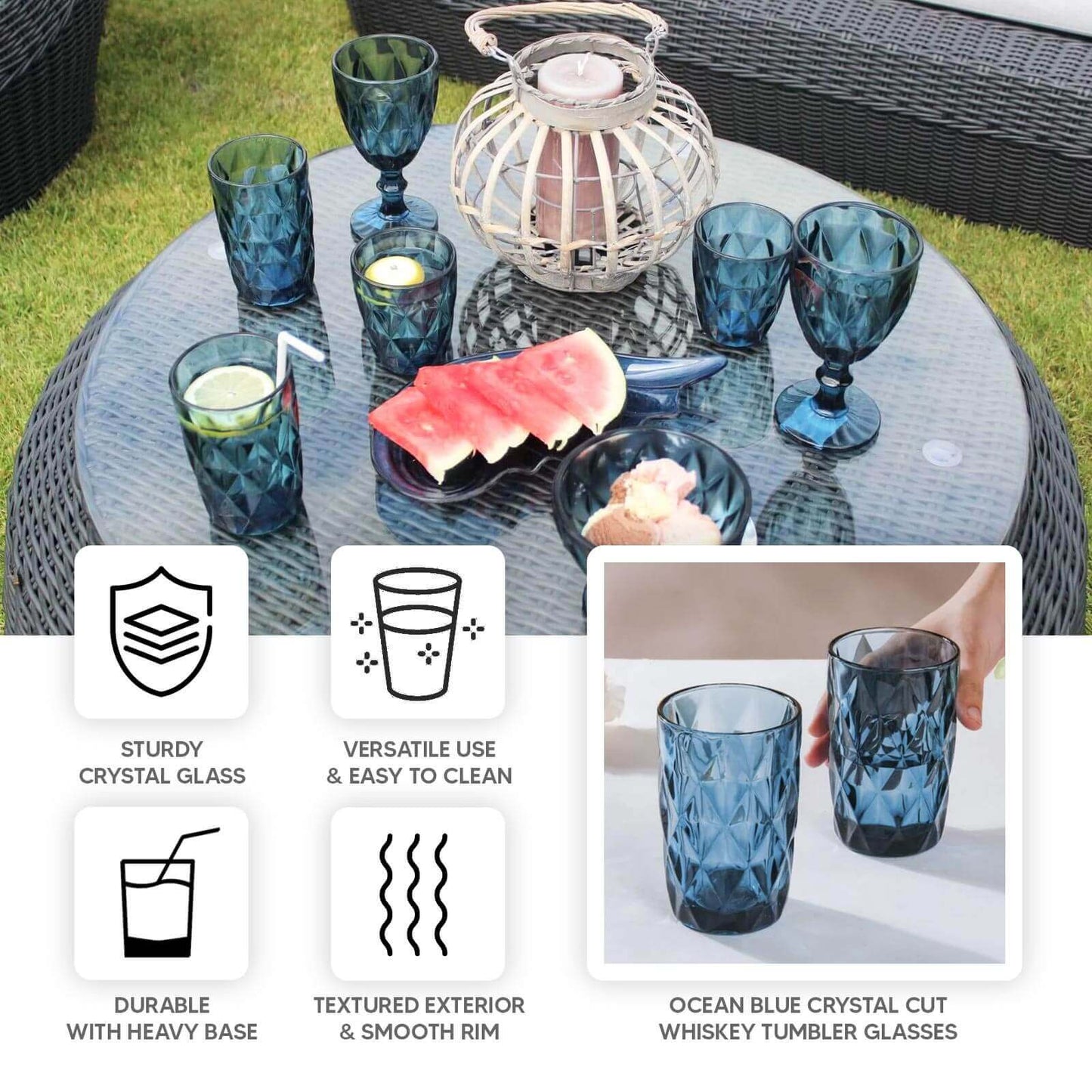 6-Pack Whiskey Glasses Ocean Blue Textured Crystal Cut Design with Heavy Base - Highball Tumblers for Parties & Events 12oz 5"