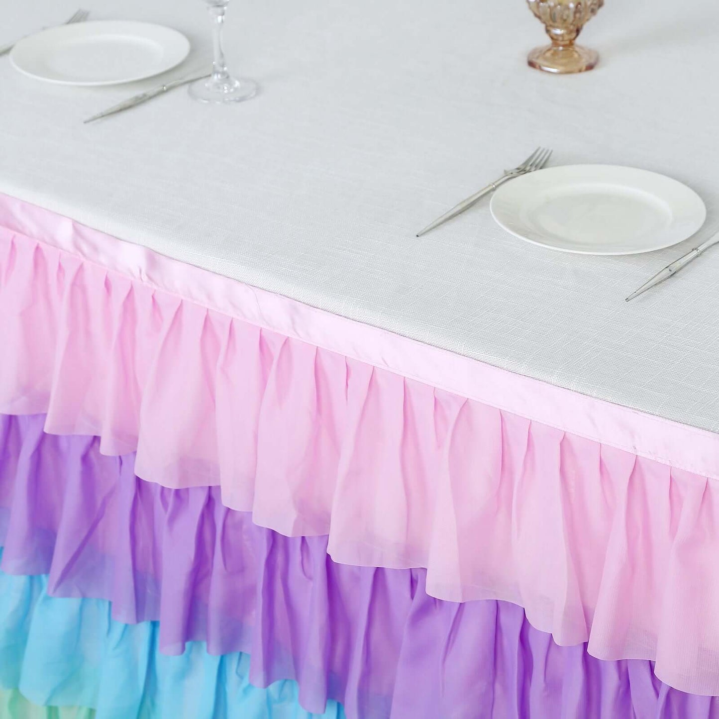 Chiffon 14ft Table Skirt Gradient Unicorn - 5-Tier Ombre Ruffled Tutu Table Cover with Satin Backing for Enchanting Events