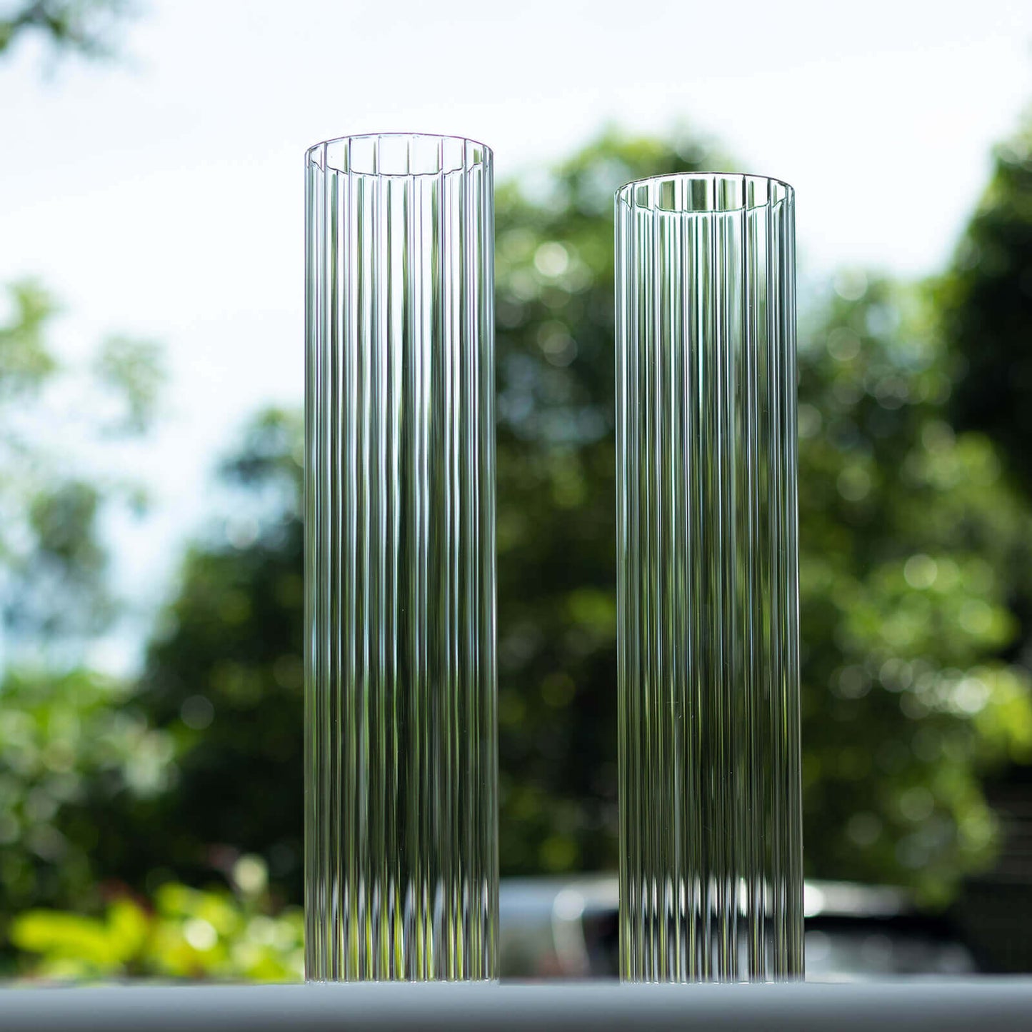 2-Pack Clear Ribbed Glass Hurricane Shades Open End Design - Stylish Candelabra Pillar Candle Holder Table Centerpiece 14"