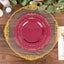 10-Pack Plastic 7" Round Dessert Plates in Burgundy with Gold Vintage Embossed Rim - Sturdy Disposable Scalloped Edge Salad Plates