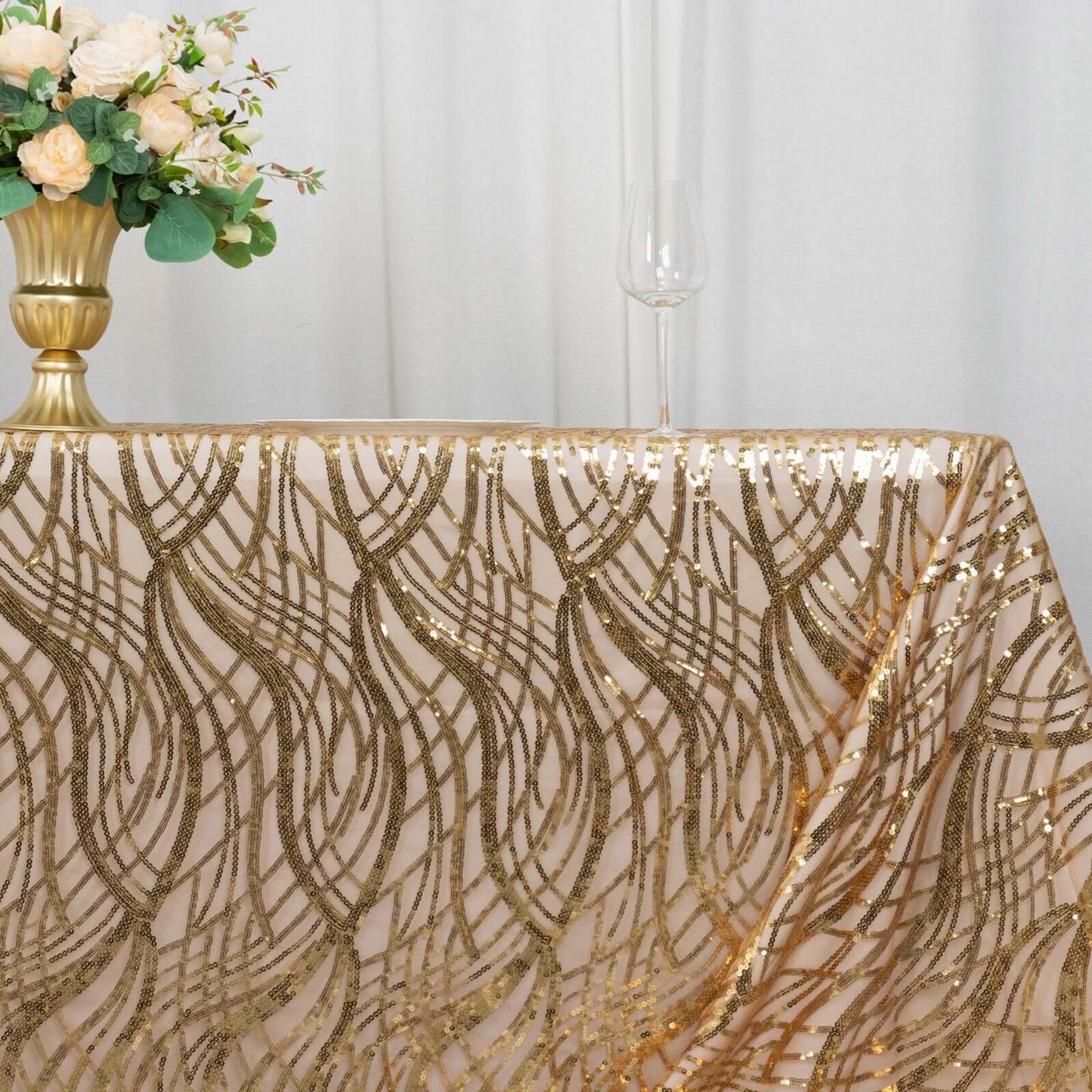Mesh 90"x156" Rectangle Tablecloth Gold - Wave Sequin Embroidered Design for Refined Occasions