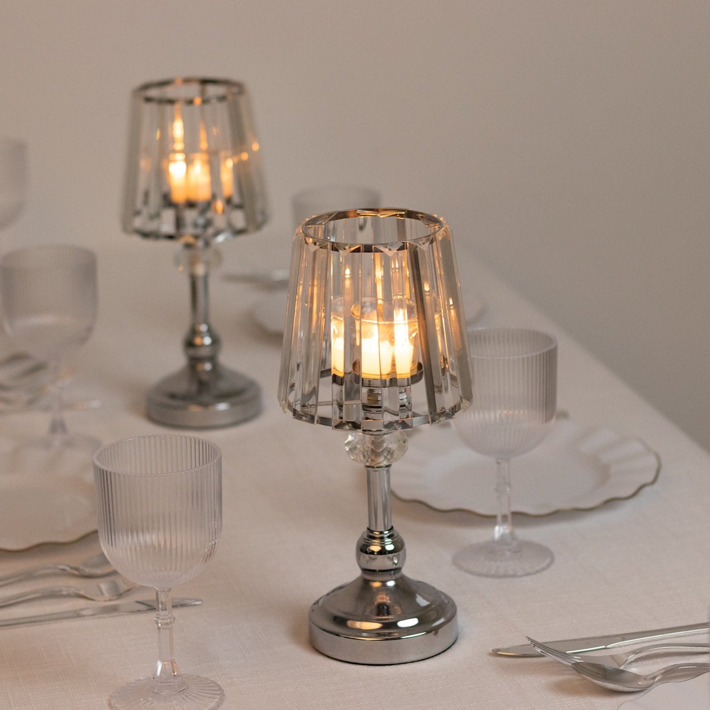 2-Pack 11" Crystal Pendant Candle Holders - Classic Empire Lamp Shade Style in Silver, Votive Candle Stand For Table Centerpieces