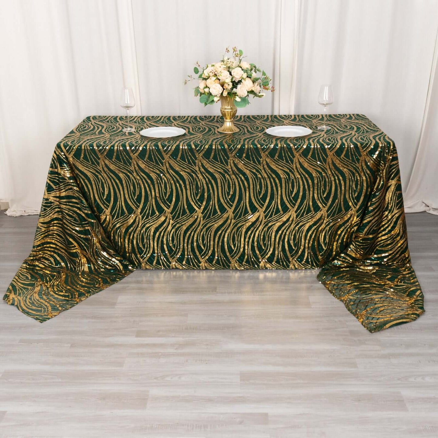 Mesh 90"x156" Rectangle Tablecloth Hunter Emerald Green/Gold - Wave Sequin Embroidered Table Cover