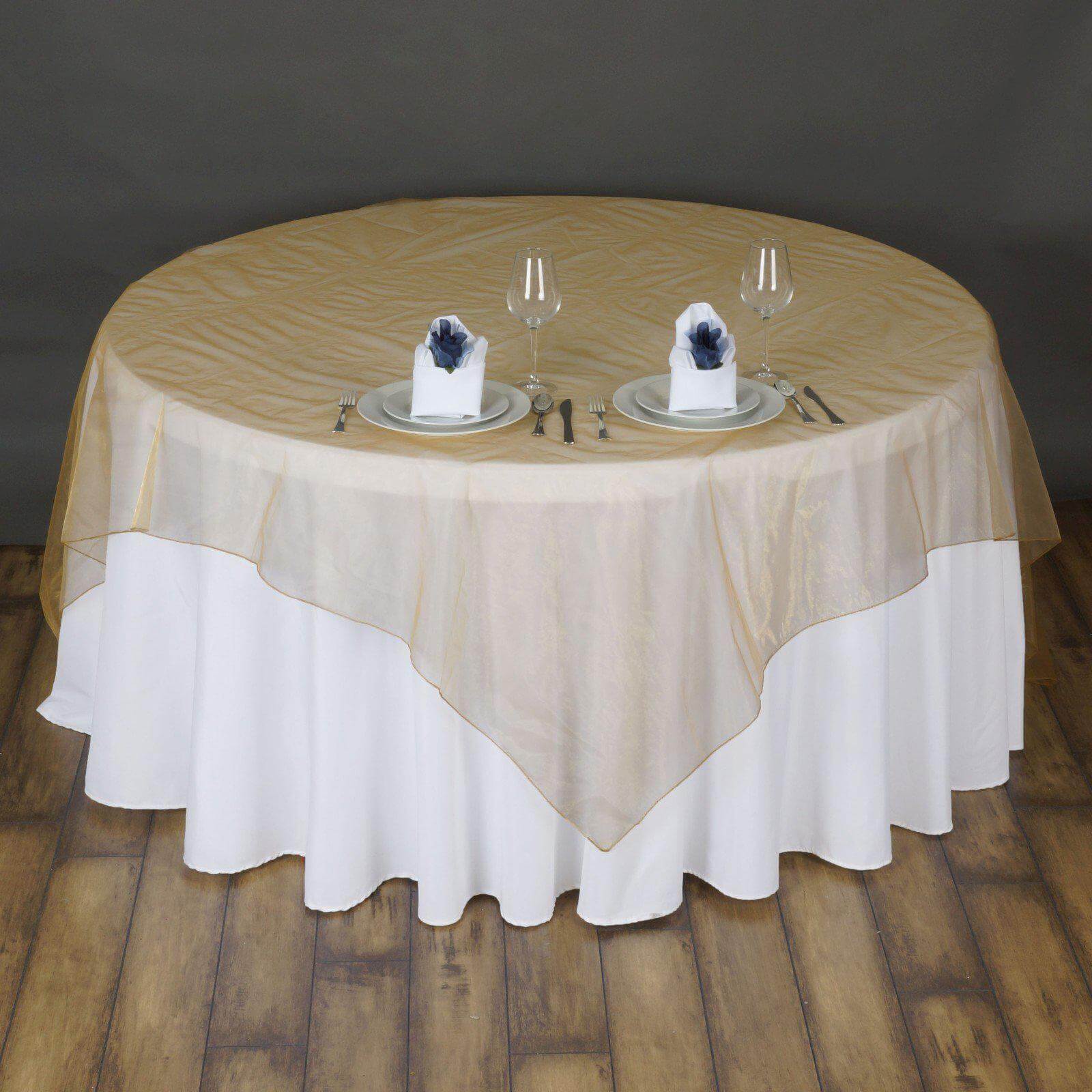 Organza 72"x72" Table Overlay Square Tablecloth Gold - Sheer Design for Stylish Events - Linen Luxes