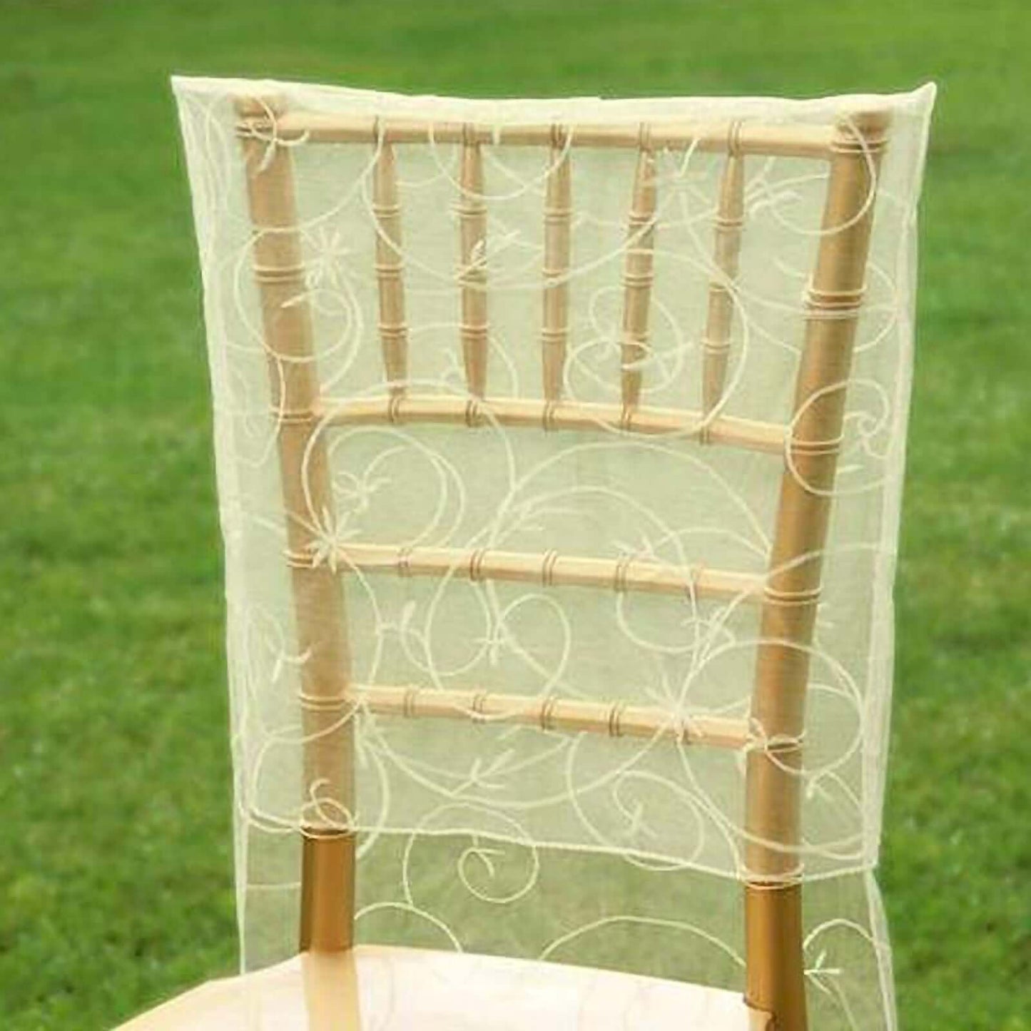 Organza Chair Slipcover with Satin Embroidery for Chiavari Chairs Ivory - Chair Back Cover - Linen Luxes